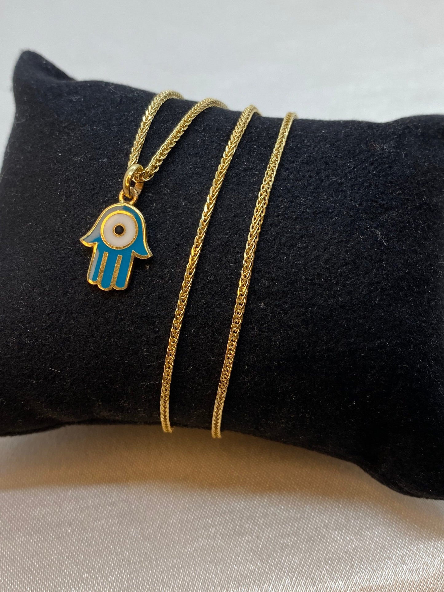 Collier mauvais œil en or 14 carats 49,5 cm, 1,5 mm, pendentif Hamsa en or véritable 14 carats avec collier en queue de renard, pour elle, cadeau pour elle, main de Fatima