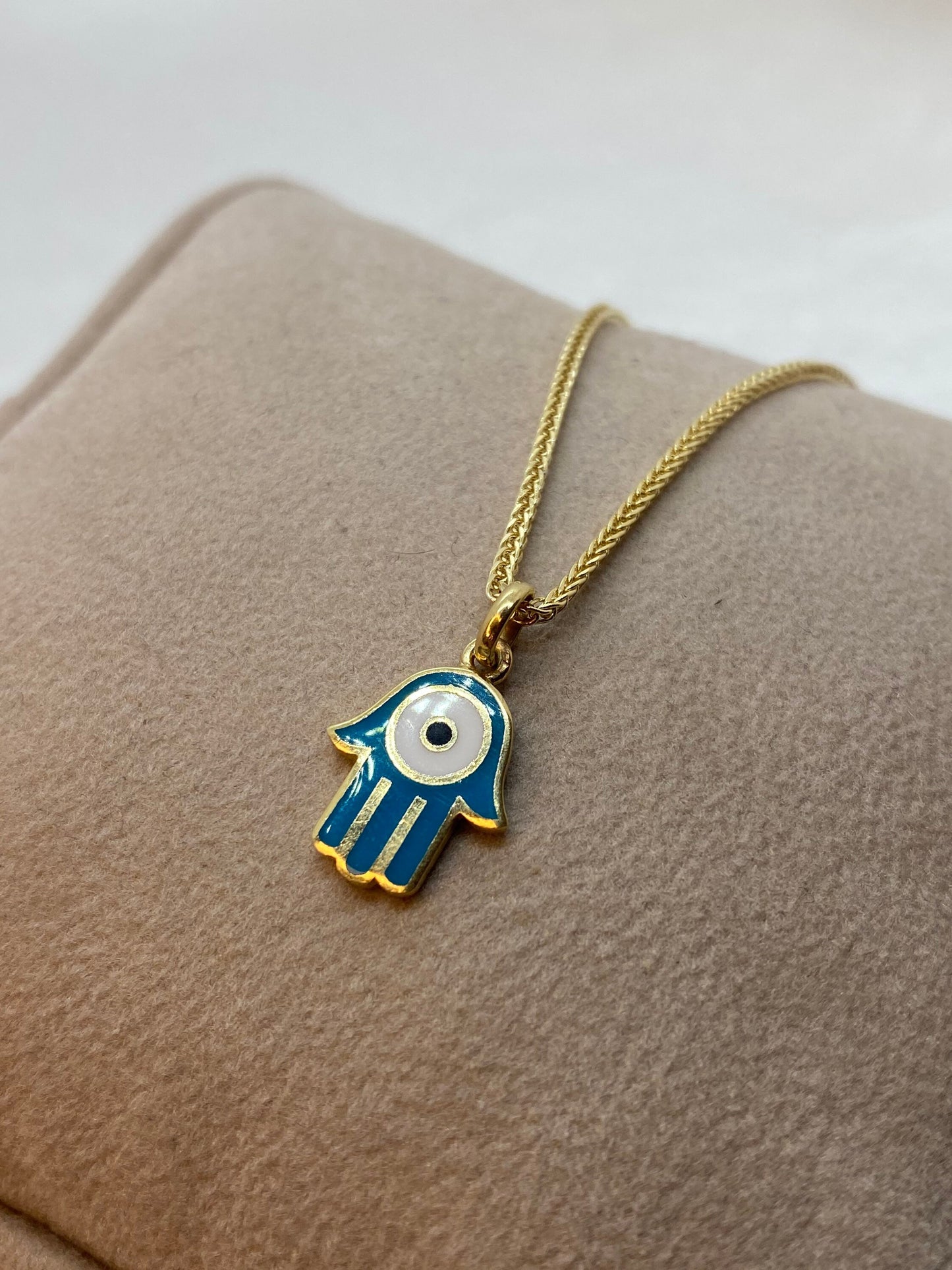 Collier mauvais œil en or 14 carats 49,5 cm, 1,5 mm, pendentif Hamsa en or véritable 14 carats avec collier en queue de renard, pour elle, cadeau pour elle, main de Fatima