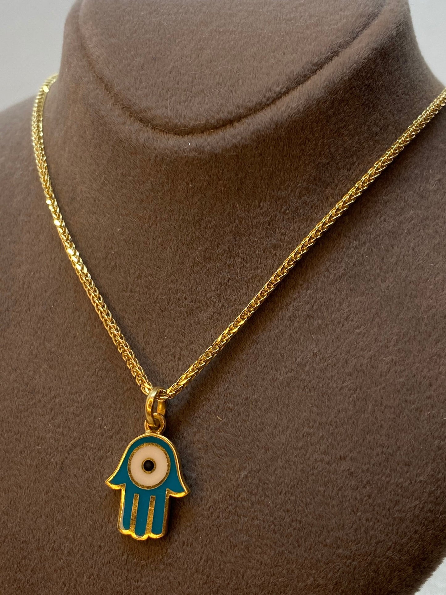 Collier mauvais œil en or 14 carats 49,5 cm, 1,5 mm, pendentif Hamsa en or véritable 14 carats avec collier en queue de renard, pour elle, cadeau pour elle, main de Fatima