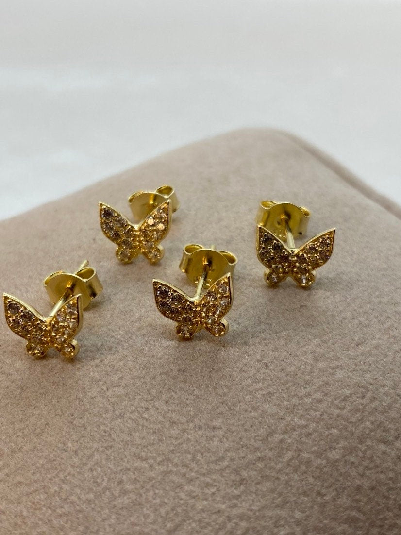 14k Real Gold butterfly stud Earring with cubic zirconia , Gold stud Earring , butterfly earring ,real gold ,gift for Her , For Mom