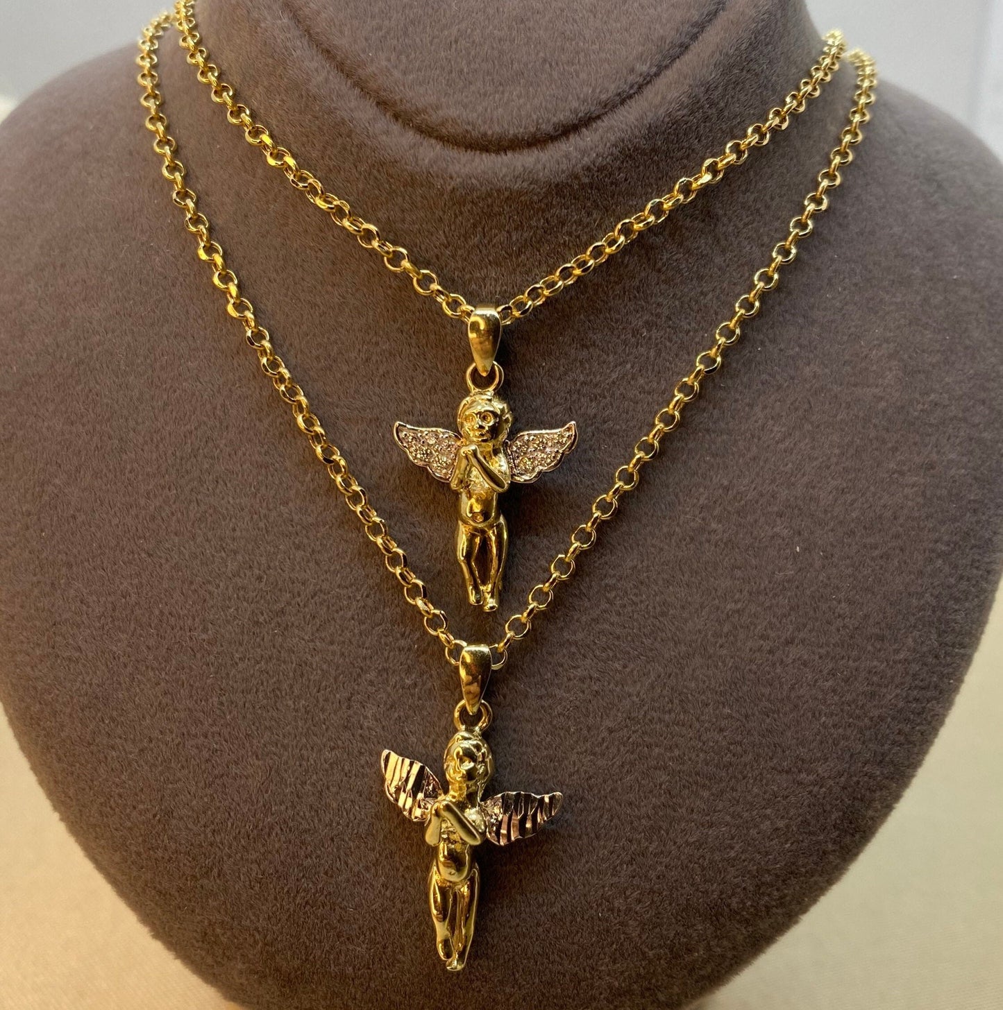 Collier ange en or 14 carats - 49,5 cm, 1,5 mm - Pendentif délicat bébé ange - Collier ange gardien