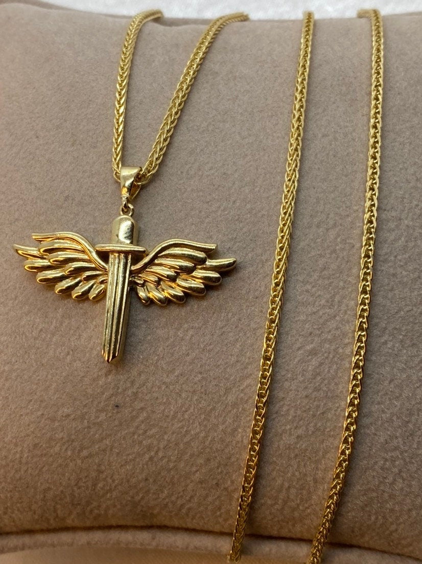 14k Real Gold Wings Sword Necklace 23.5 inches/ Guardian Archangel Michael Pendant /Gold Rising Wings Necklace / symbol of strength, Hero !,