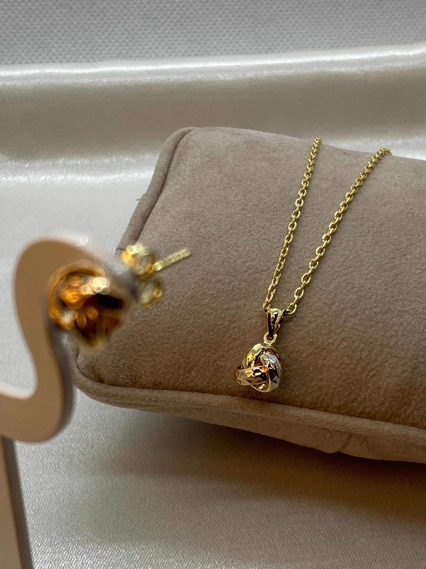 Collier et boucles d'oreilles en or 18 carats avec nœud d'amour taille diamant, avec 3 couleurs, 19,5", 1,5 mm, cadeau de bijoux faits à la main, ensemble de nœuds d'amour 18 carats, pour elle.