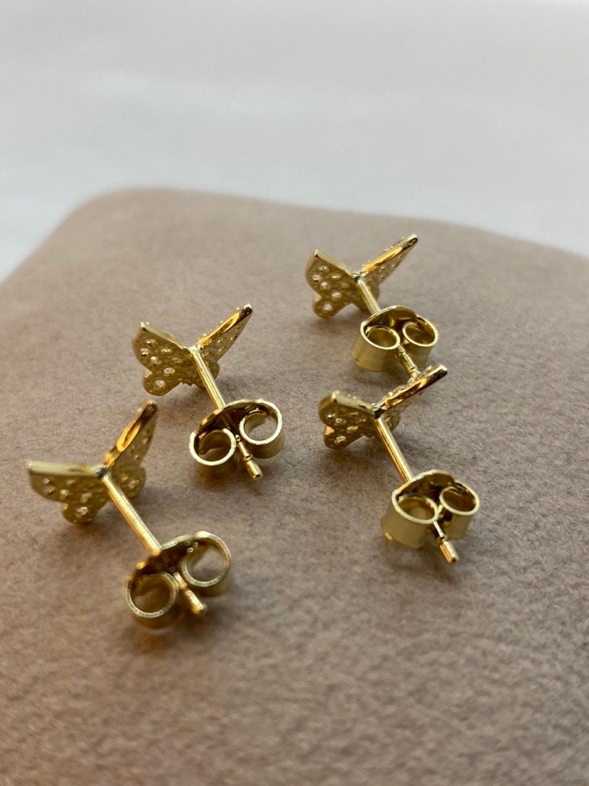 14k Real Gold butterfly stud Earring with cubic zirconia , Gold stud Earring , butterfly earring ,real gold ,gift for Her , For Mom