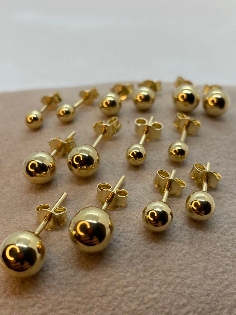 14K Real Gold Ball Stud Earrings – Minimalist Plain Gold Earrings for Her | Simple & Dainty Everyday Studs | Birthday Gift