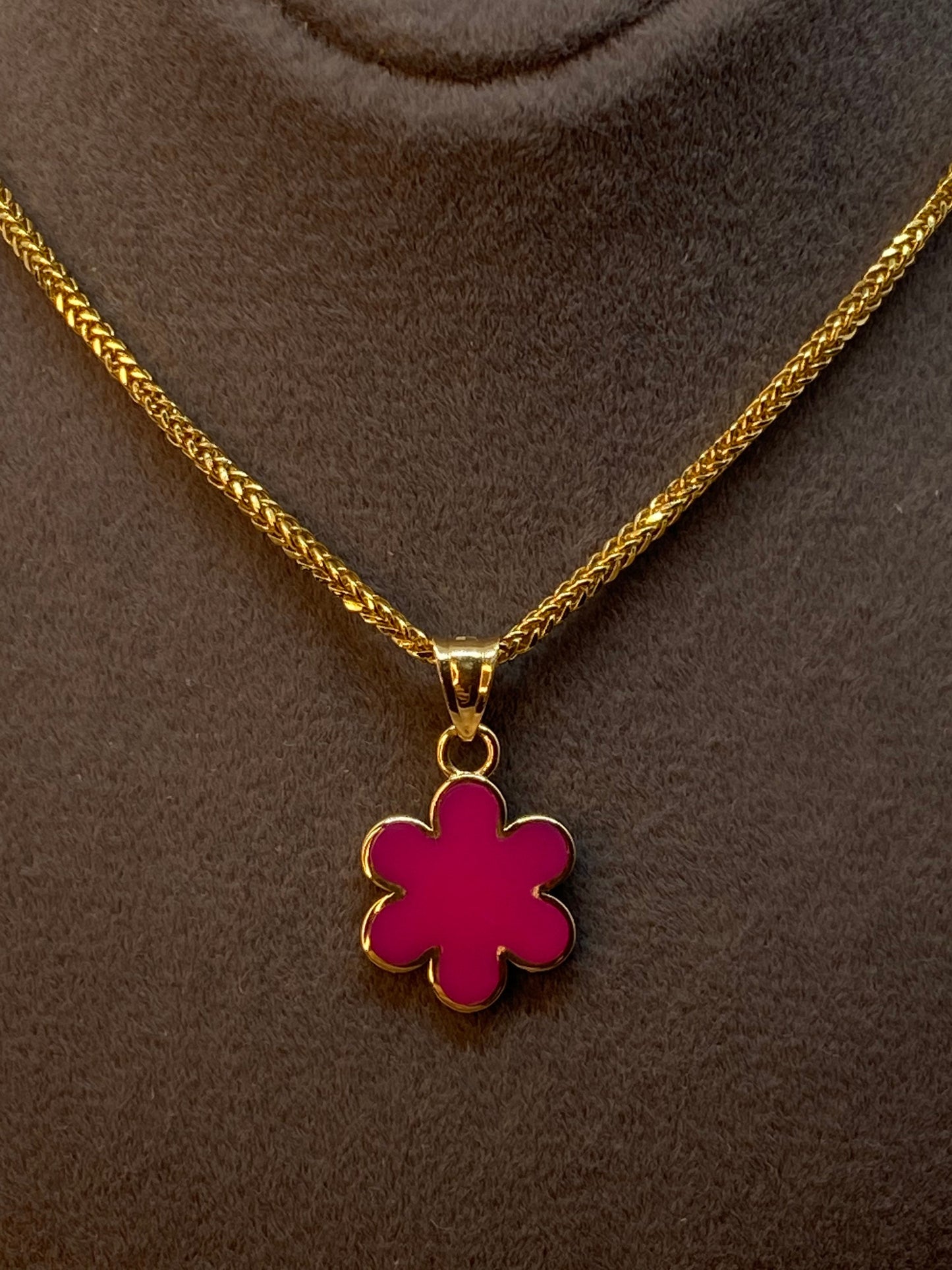 18k Solid Gold Flower Necklace – Pink Enamel Gold Flower Pendant – Kid’s Jewelry, Birthday Gift, Gift for Her, Anniversary Gift