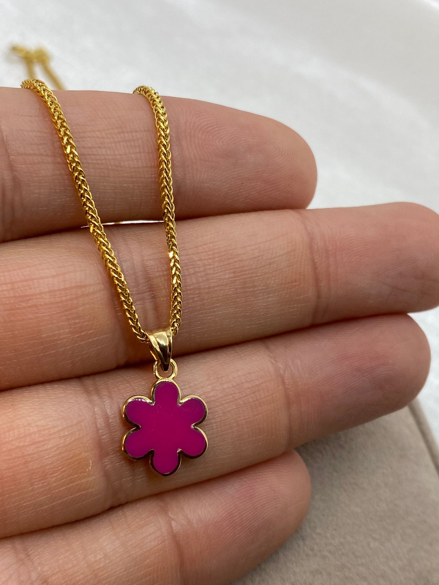 18k Solid Gold Flower Necklace – Pink Enamel Gold Flower Pendant – Kid’s Jewelry, Birthday Gift, Gift for Her, Anniversary Gift