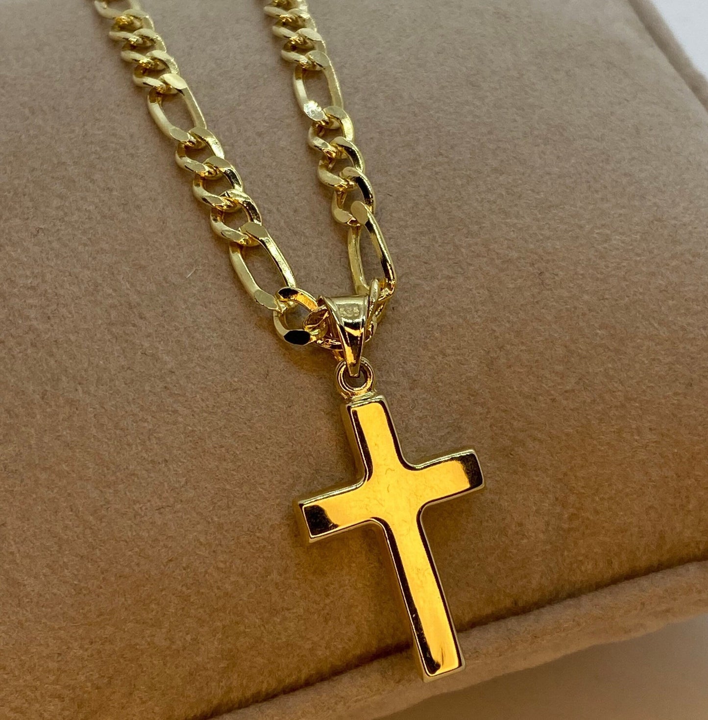 Collier croix en or 14 carats avec chaîne Figaro – Taille diamant, 59,7 cm, 4 mm, brillant et durable, pendentif croix en or véritable 14 carats – Parfait pour elle et lui