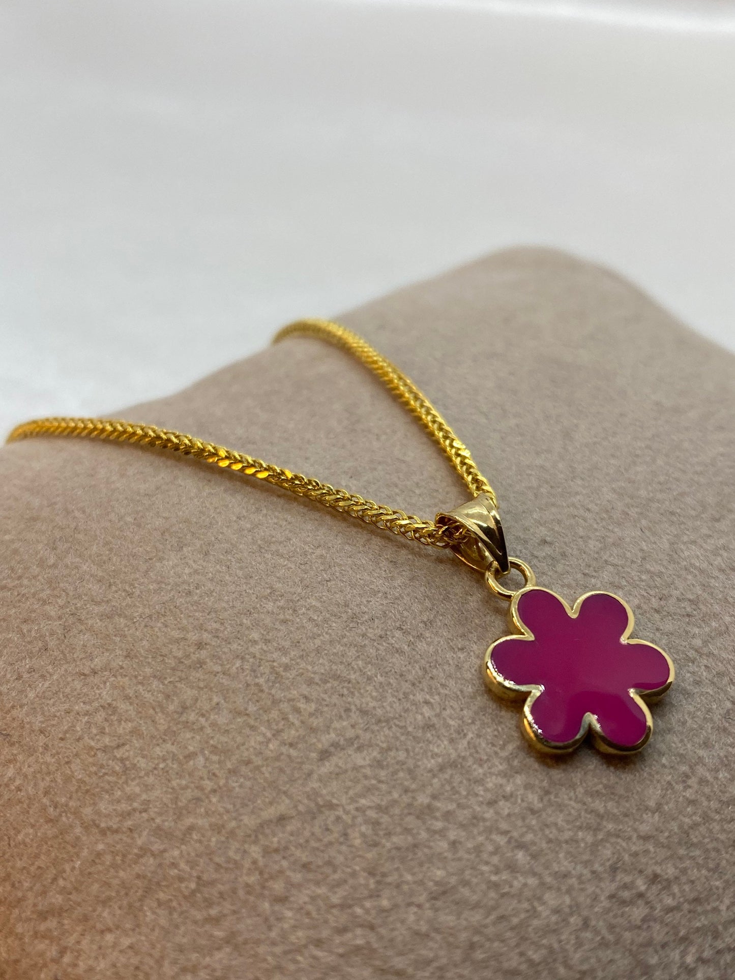 18k Solid Gold Flower Necklace – Pink Enamel Gold Flower Pendant – Kid’s Jewelry, Birthday Gift, Gift for Her, Anniversary Gift