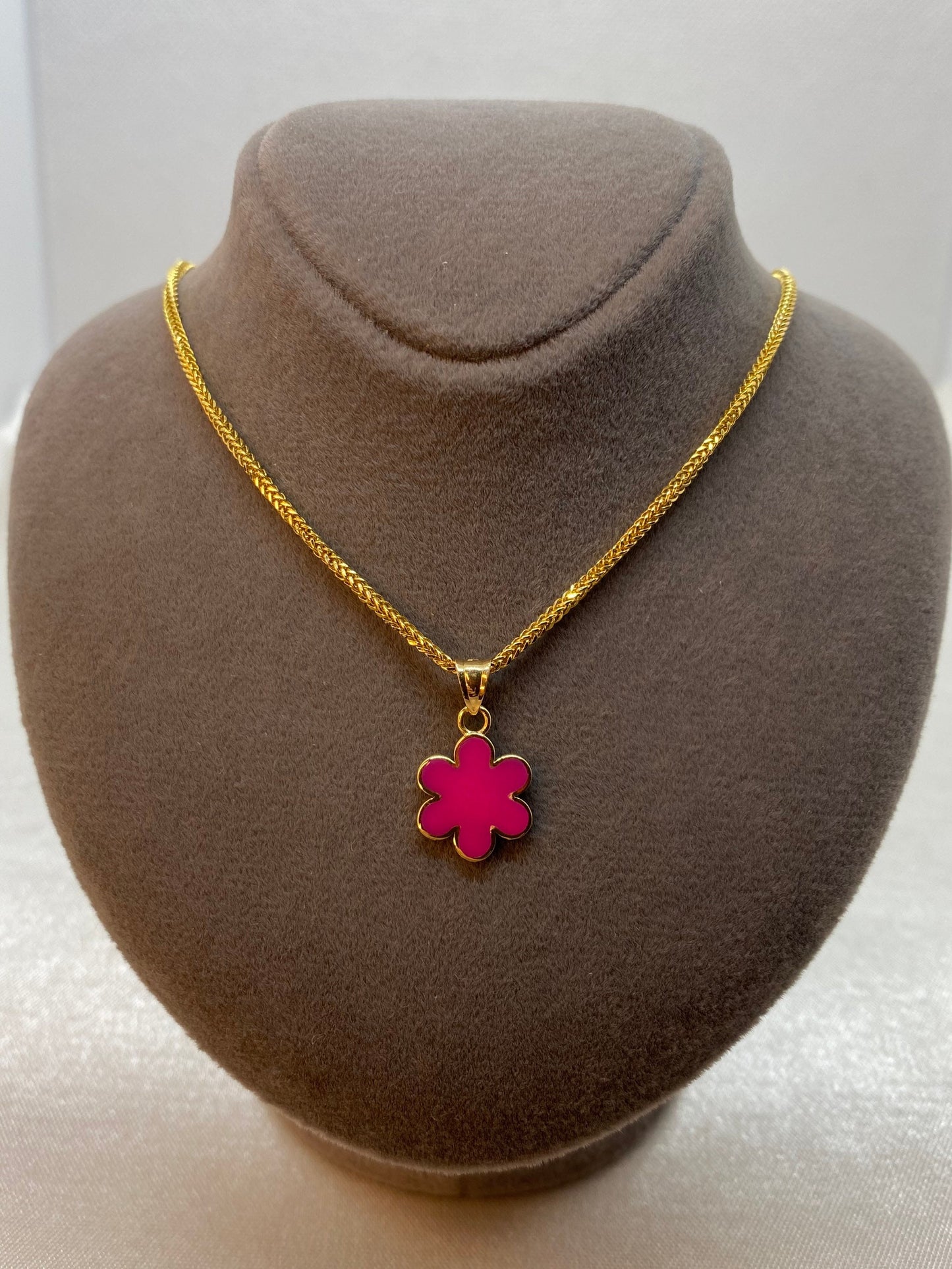 18k Solid Gold Flower Necklace – Pink Enamel Gold Flower Pendant – Kid’s Jewelry, Birthday Gift, Gift for Her, Anniversary Gift