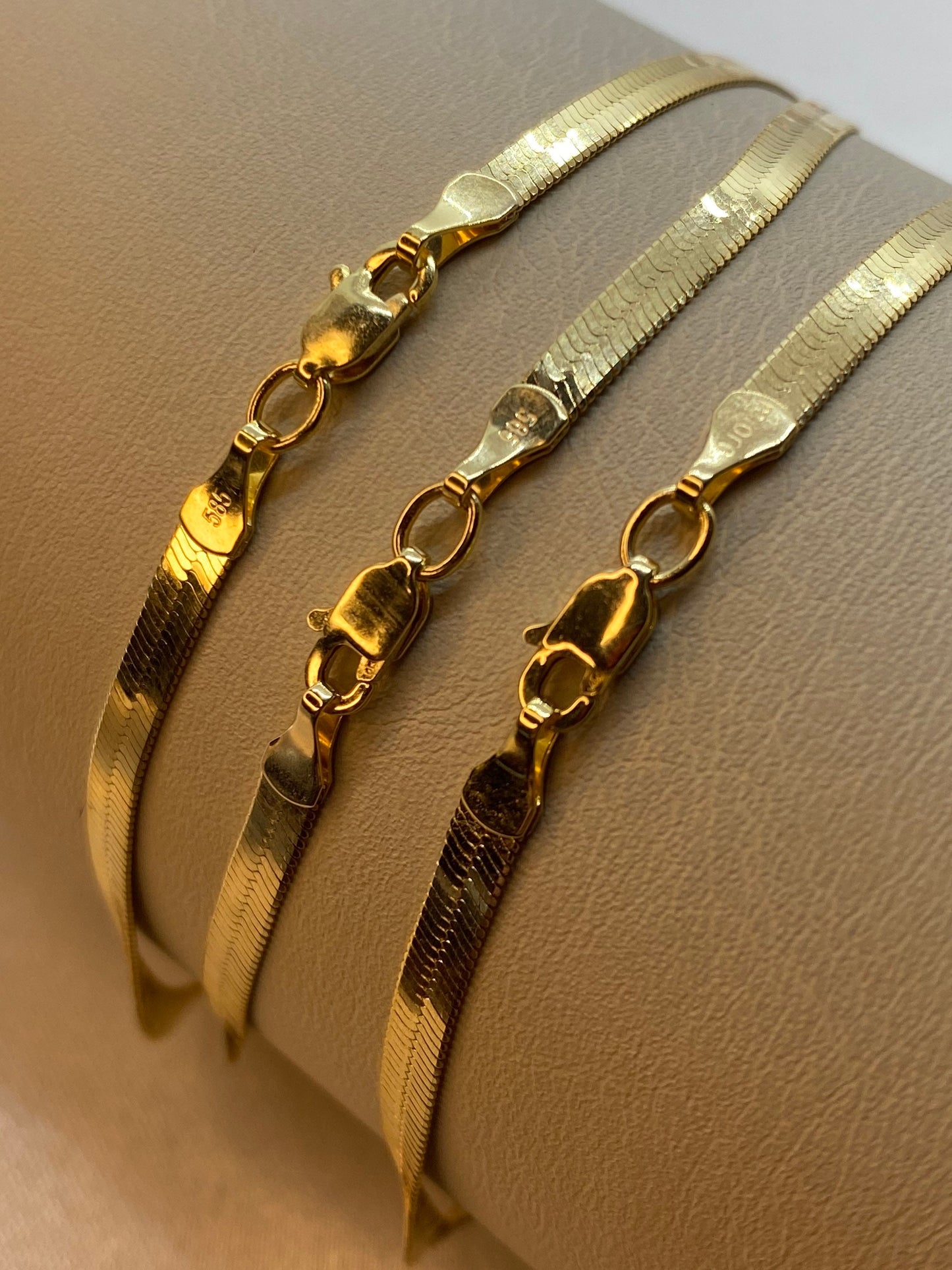 14K Solid Gold Herringbone Necklace - 16"-22" Snake Herringbone Choker, 3.34mm Solid Yellow Gold, Elegant Necklace for Her