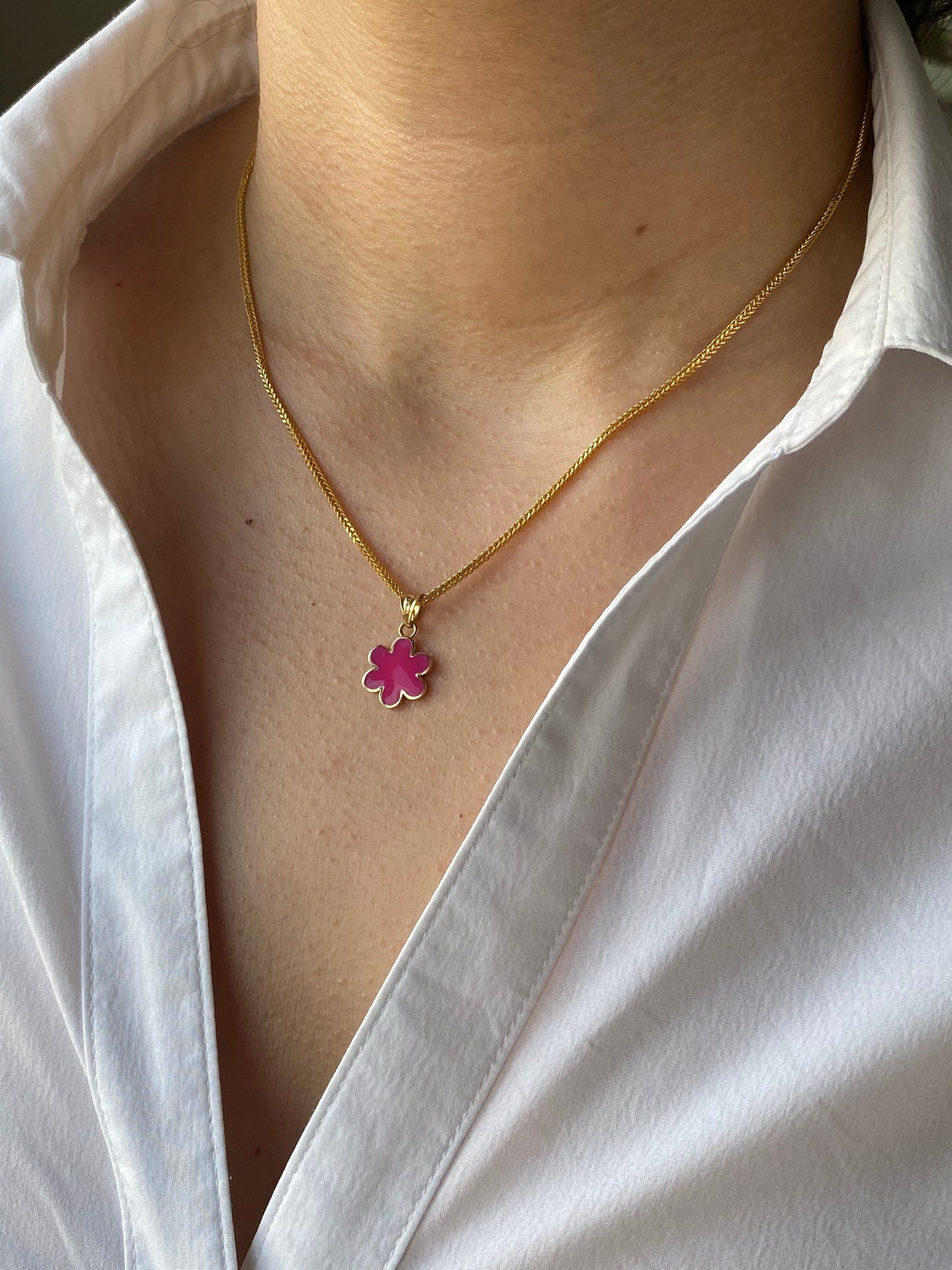 18k Solid Gold Flower Necklace – Pink Enamel Gold Flower Pendant – Kid’s Jewelry, Birthday Gift, Gift for Her, Anniversary Gift