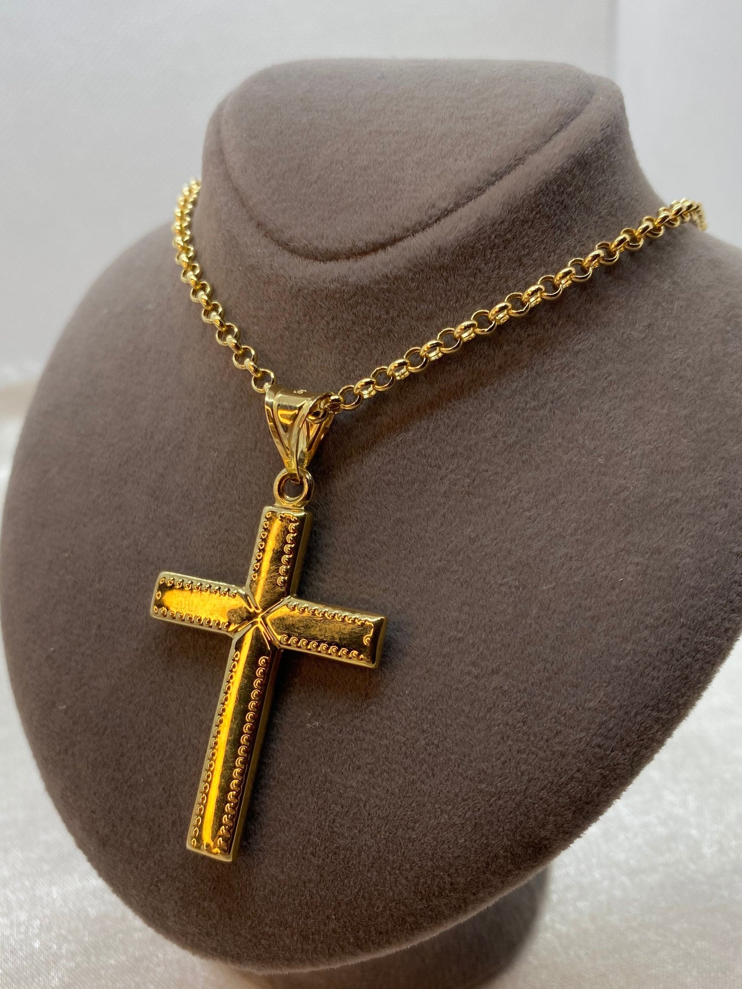 Collier croix en or 14 carats avec chaîne rolo – 55 cm, 3 mm, brillant et durable, pendentif croix en or véritable 14 carats – Parfait pour elle et lui