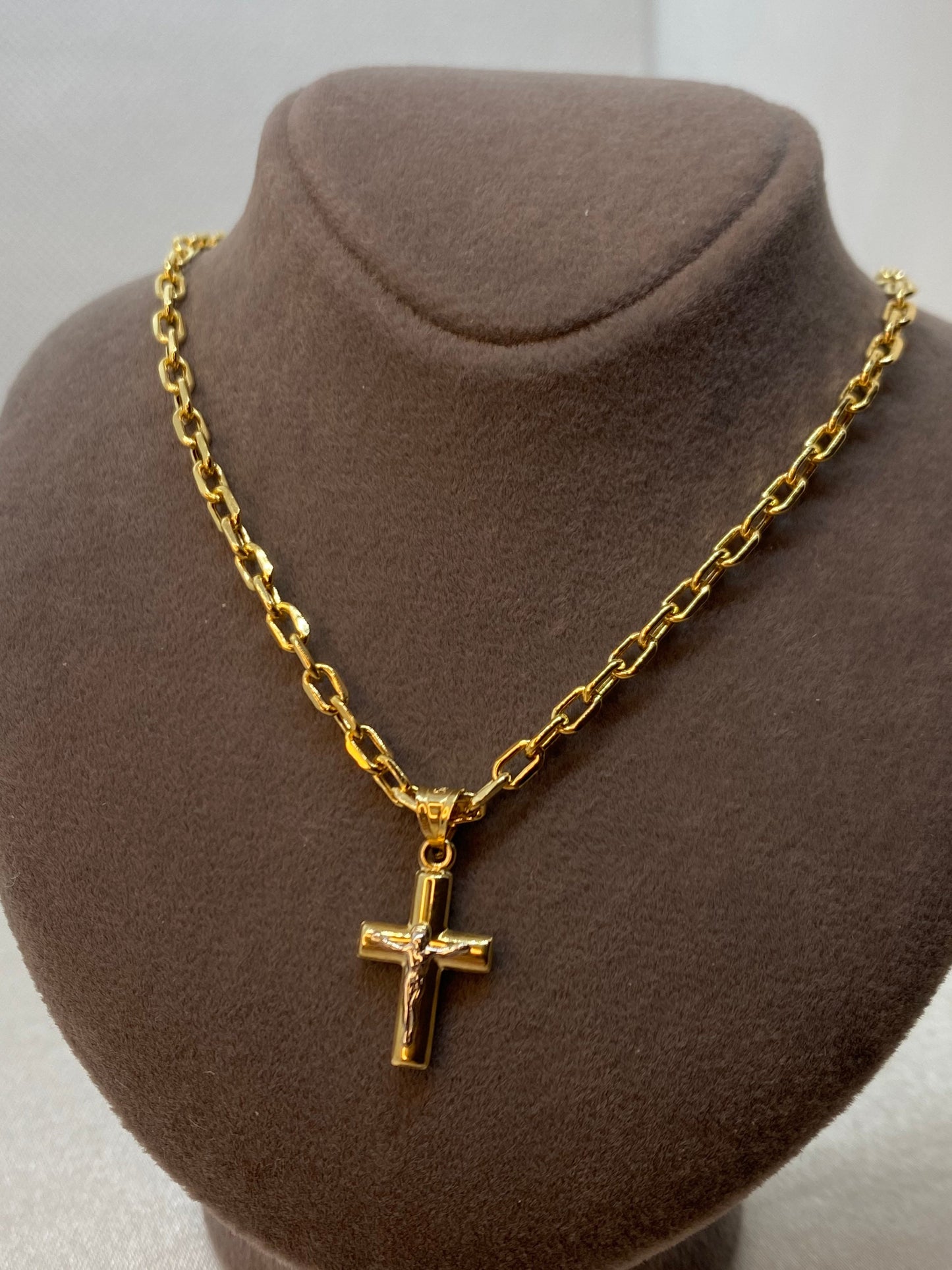 Collier croix en or 14 carats avec chaîne forçat – 59,7 cm, 3 mm, brillant et durable, cadeau idéal pour elle et lui – Anniversaire, Saint-Valentin, anniversaire de mariage