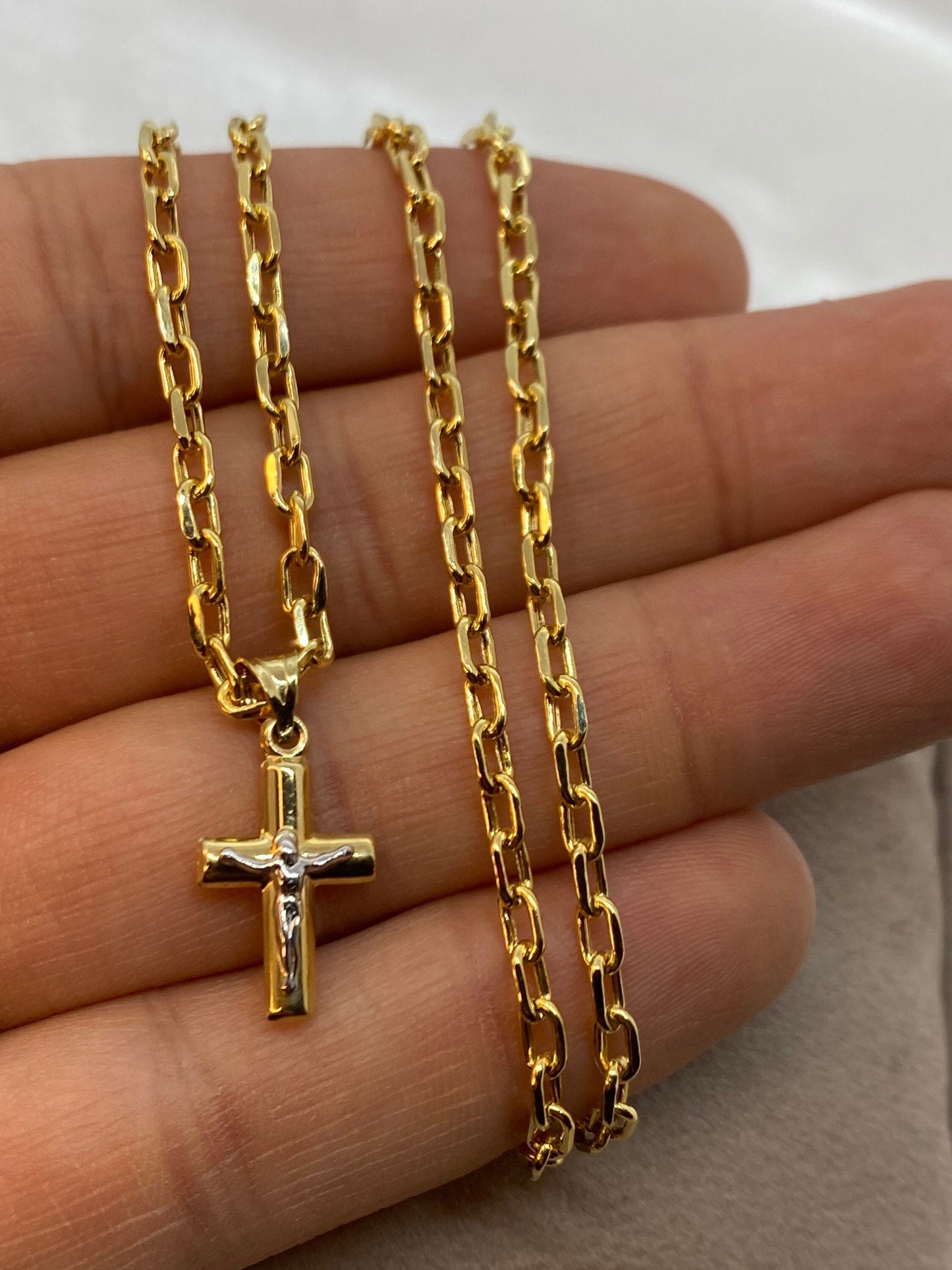 Collier croix en or 14 carats avec chaîne forçat – 59,7 cm, 3 mm, brillant et durable, cadeau idéal pour elle et lui – Anniversaire, Saint-Valentin, anniversaire de mariage