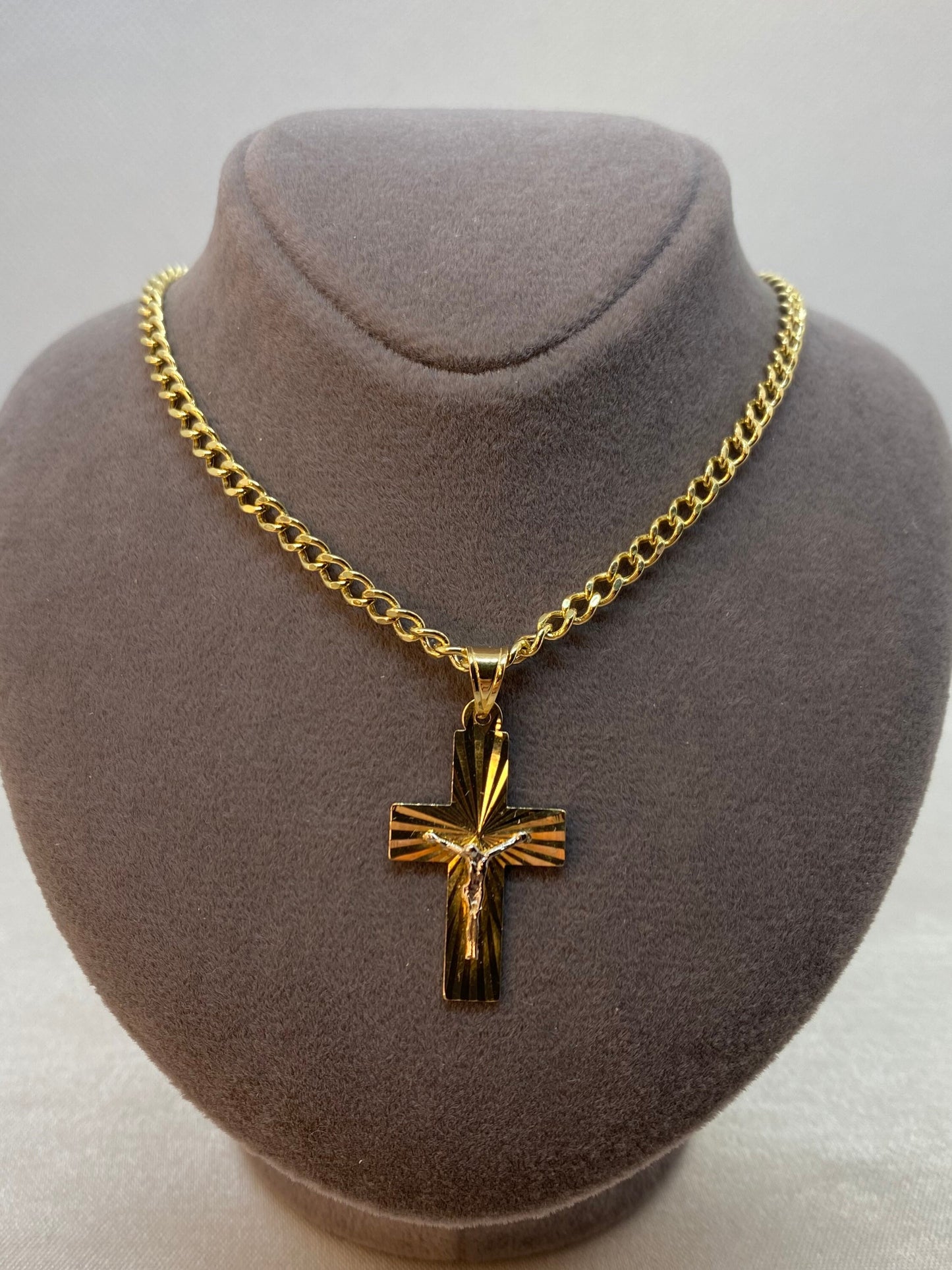 18k solid Gold Cross Necklace with curb Chain So Shiny and Durable, 18 inches,3.20 mm, Gift for Him ,For Her ,Birthday Gift, Jesus Necklace