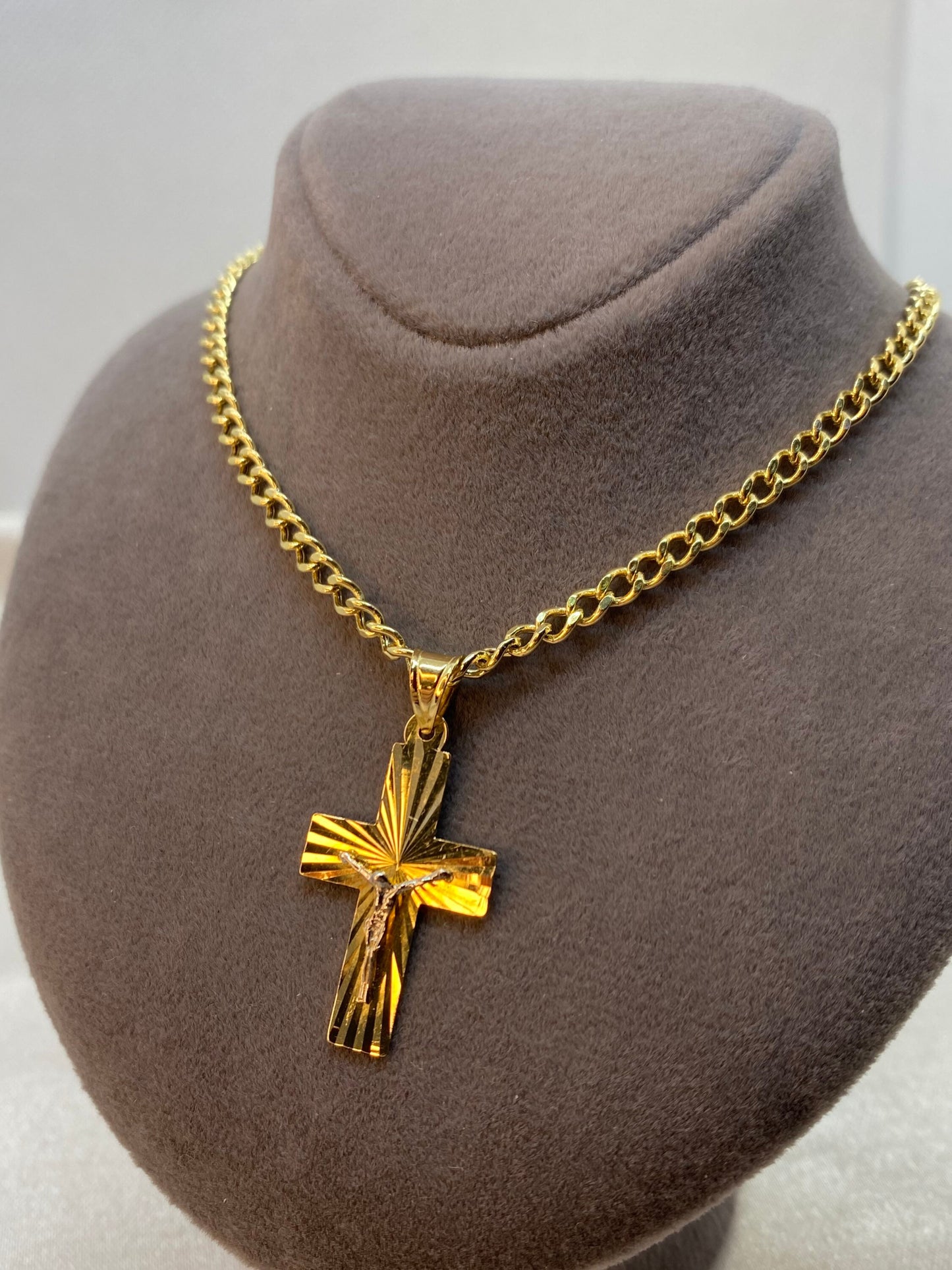 18k solid Gold Cross Necklace with curb Chain So Shiny and Durable, 18 inches,3.20 mm, Gift for Him ,For Her ,Birthday Gift, Jesus Necklace