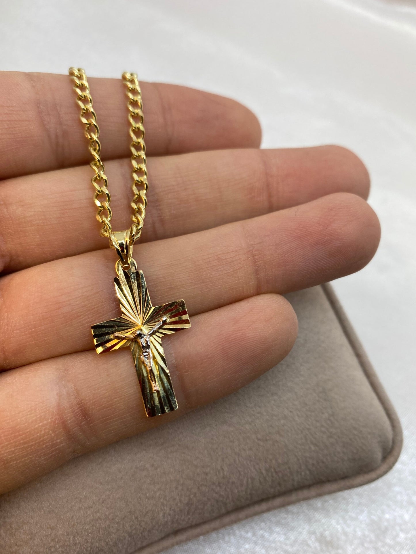 18k solid Gold Cross Necklace with curb Chain So Shiny and Durable, 18 inches,3.20 mm, Gift for Him ,For Her ,Birthday Gift, Jesus Necklace