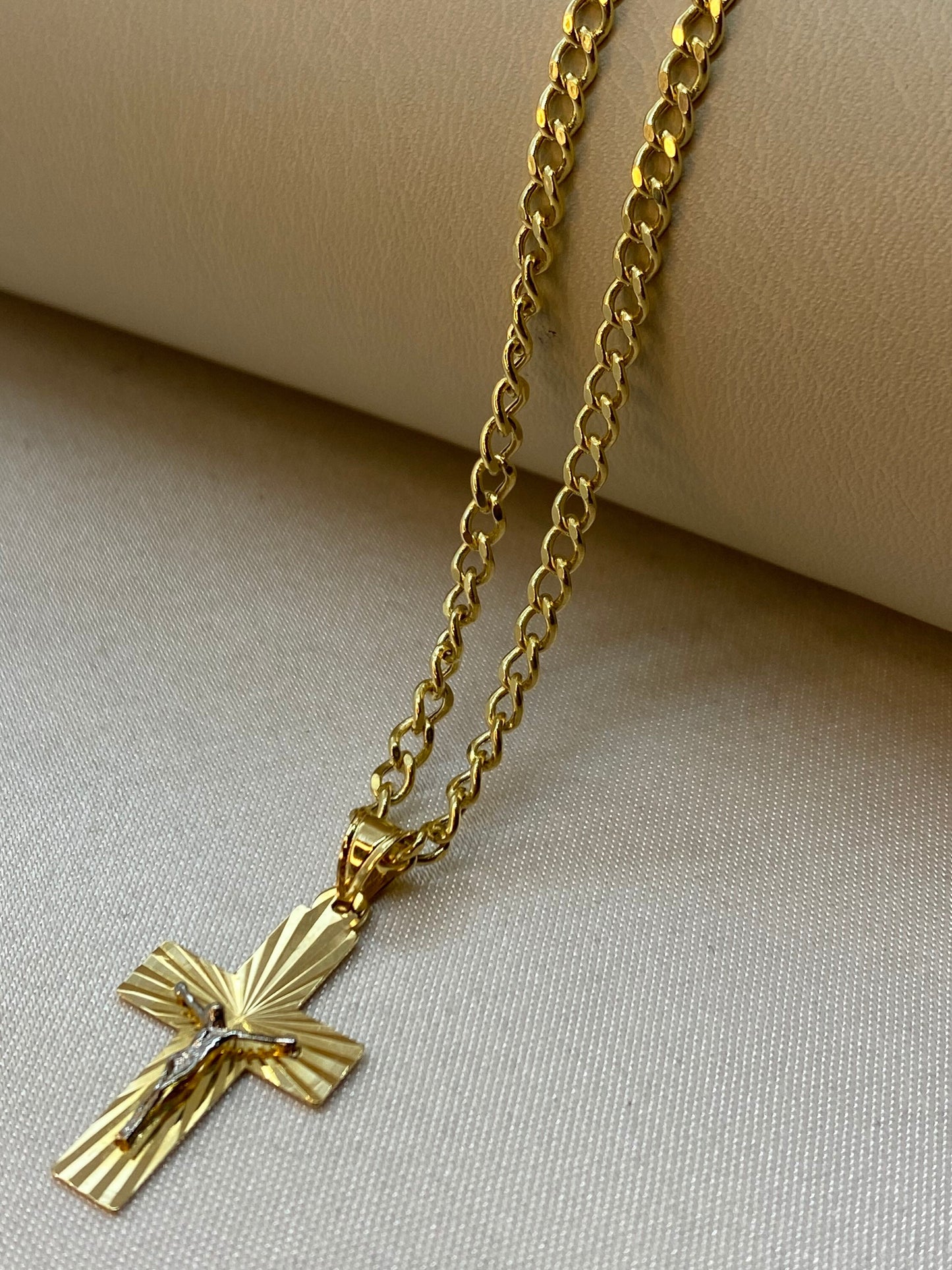 18k solid Gold Cross Necklace with curb Chain So Shiny and Durable, 18 inches,3.20 mm, Gift for Him ,For Her ,Birthday Gift, Jesus Necklace