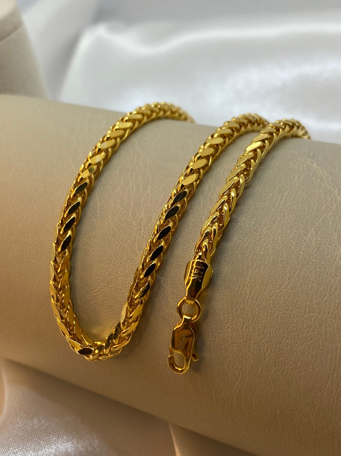 Bracelet Franco rond en or véritable 14 carats, taille diamant, 21,6 cm | Largeur 3,5 mm | Cadeau unique pour elle et lui