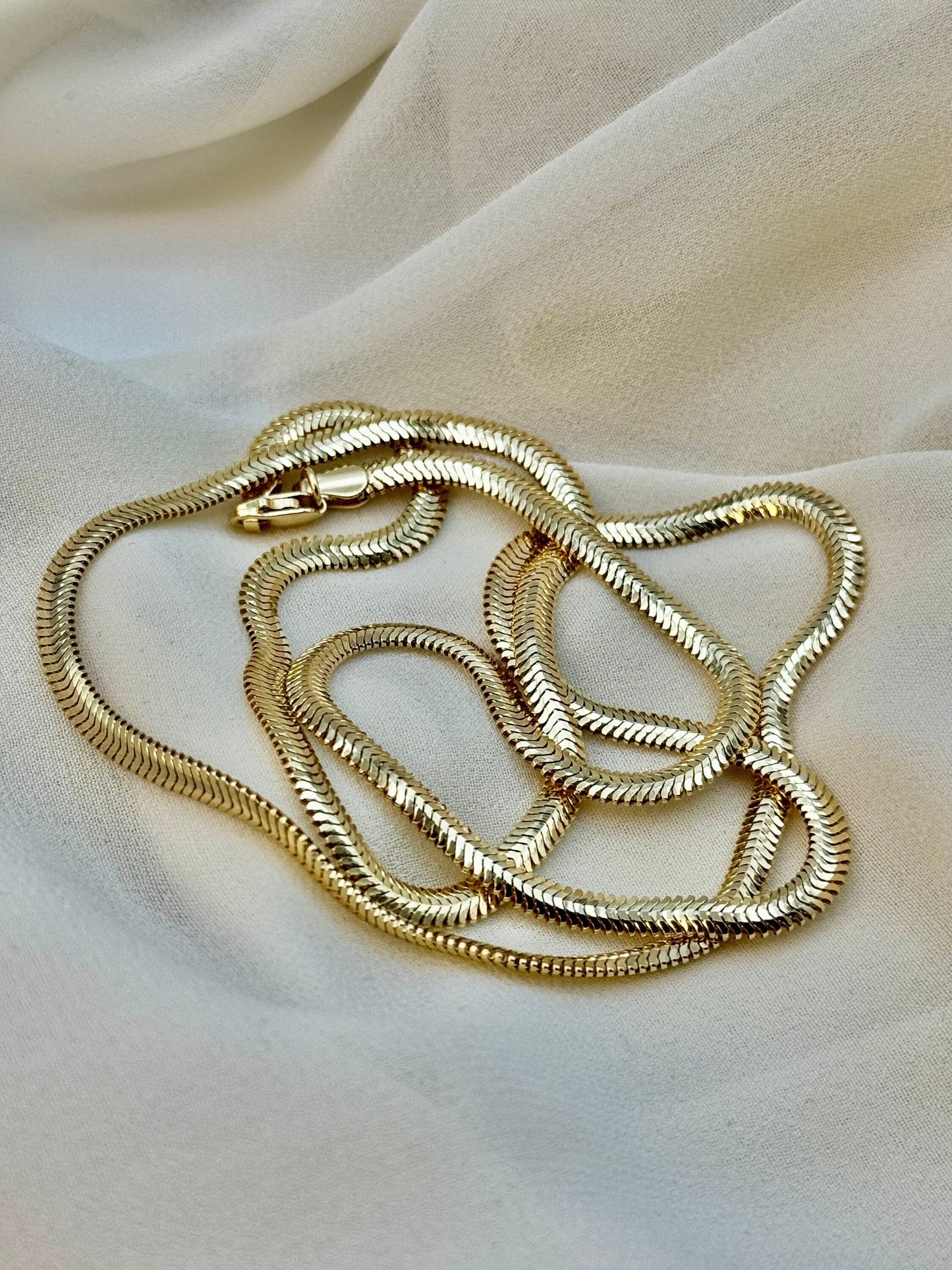 14k Solid Gold Herringbone Snake Chain Necklace, 3.5mm, Shiny Real Gold Chain, Elegant 14k Gold Necklace for Her