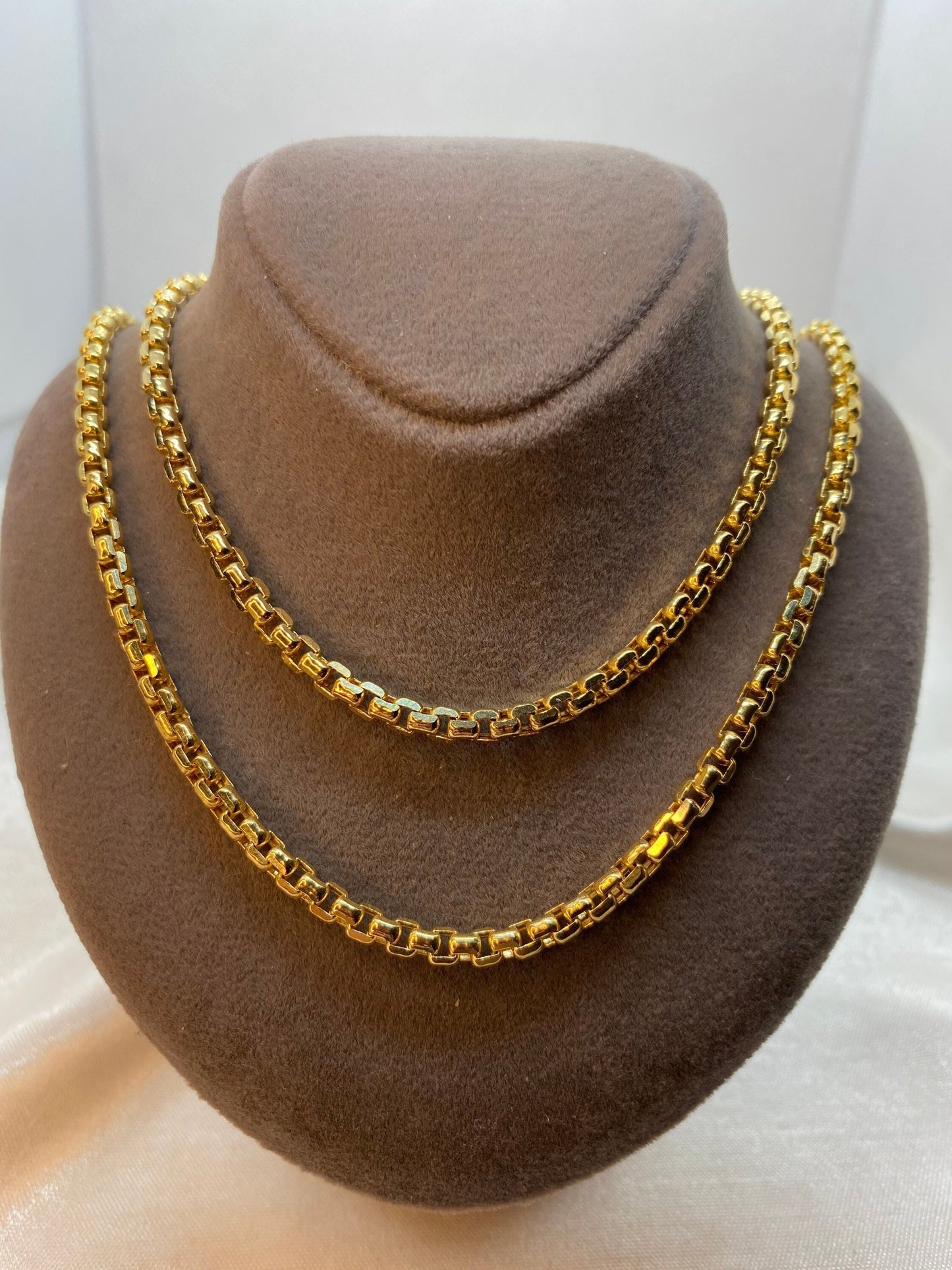 14K Real Gold Round Box Chain Necklace, 19.8" & 23.8", 3.5mm Thickness, Real Gold Box Chain for Him & Her