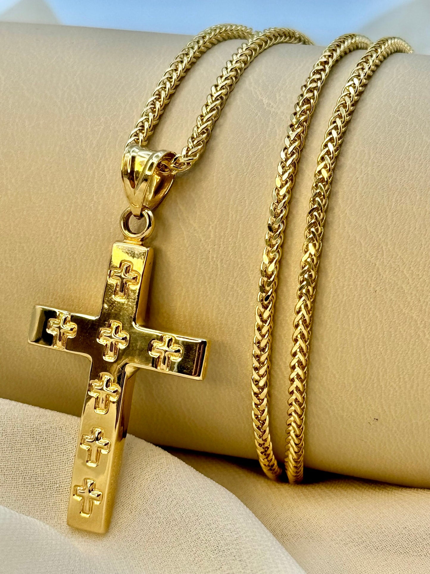18K Gold Cross Necklace 24" with 2mm Franco Chain – Unisex Gold Cross Pendant for Him & Her | Birthday & Anniversary Gift