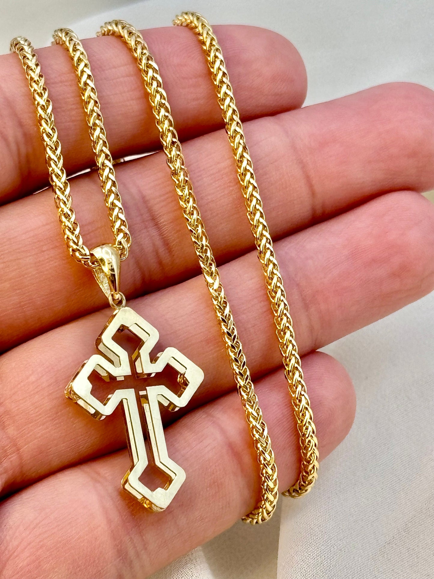 18k Gold Cross Necklace 21.5" with 2mm Franco Chain – Unisex Gold Pendant for Him & Her | Anniversary & Birthday Gift