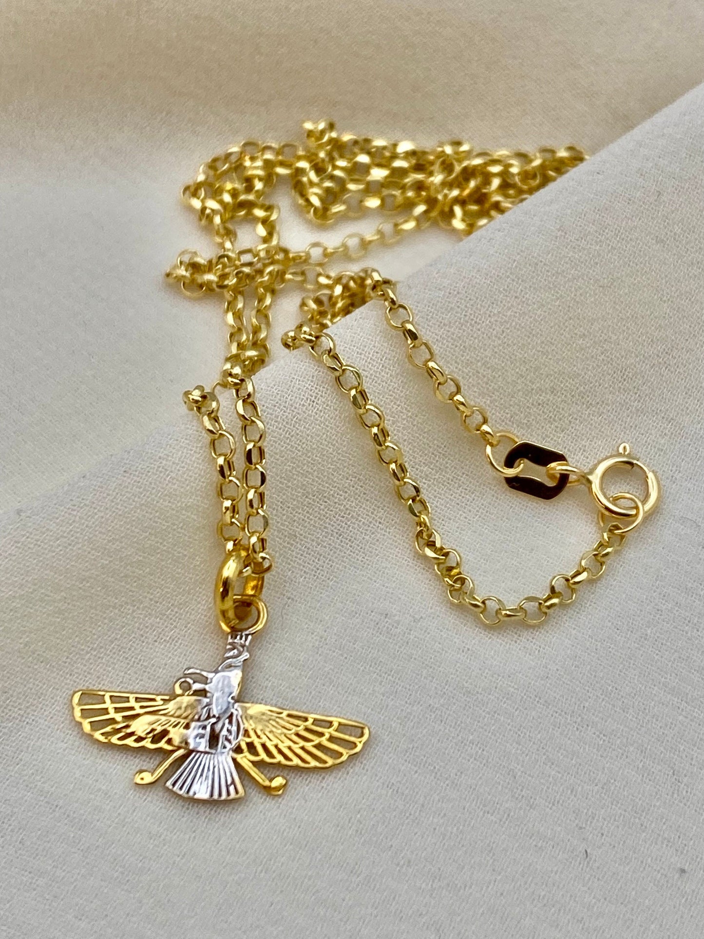 18k Solid Gold Farvahar Necklace – Zoroastrian Ahura Mazda Symbol Pendant with 19.5" Rolo Chain, 2mm | Persian Faravahar Necklace | Nowruz Gift | Birthday Gift
