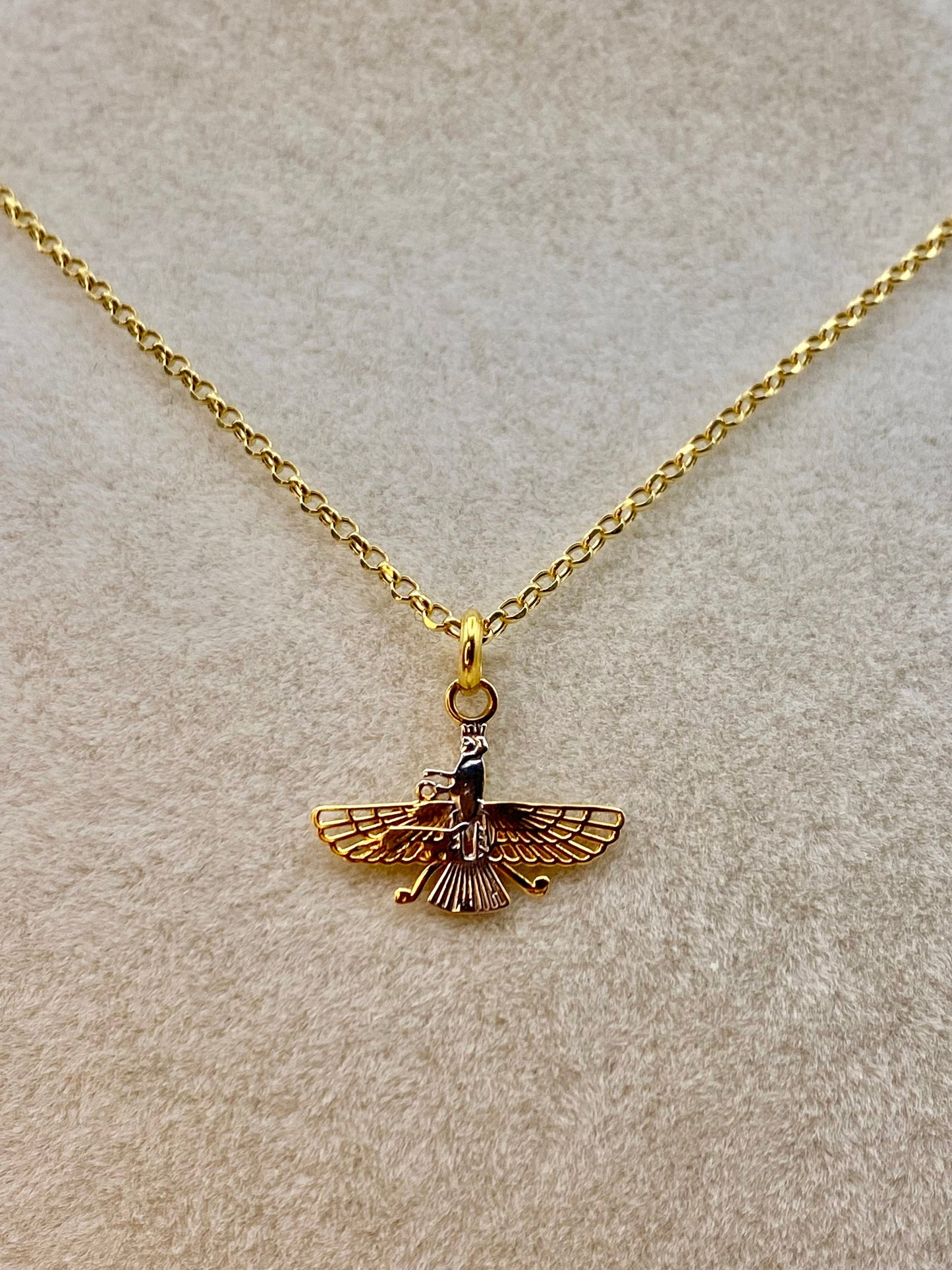 18k Solid Gold Farvahar Necklace – Zoroastrian Ahura Mazda Symbol Pendant with 19.5" Rolo Chain, 2mm | Persian Faravahar Necklace | Nowruz Gift | Birthday Gift