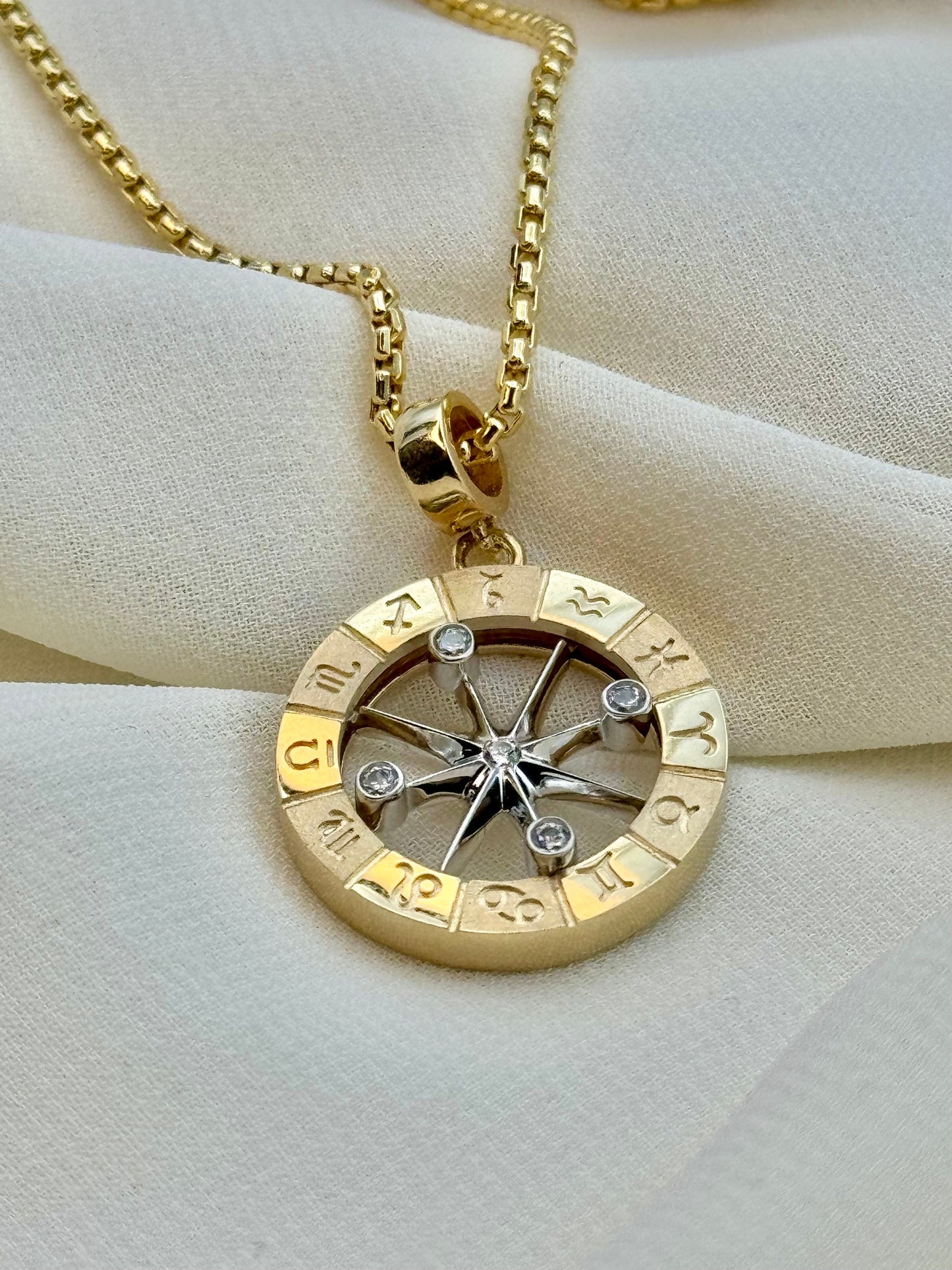 Handcrafted 14K Solid Gold Compass Necklace – Personalized Zodiac Birth Signs, Custom Gold Pendant, Unique Traveler Gift, Compass Charm Necklace for Him or Her