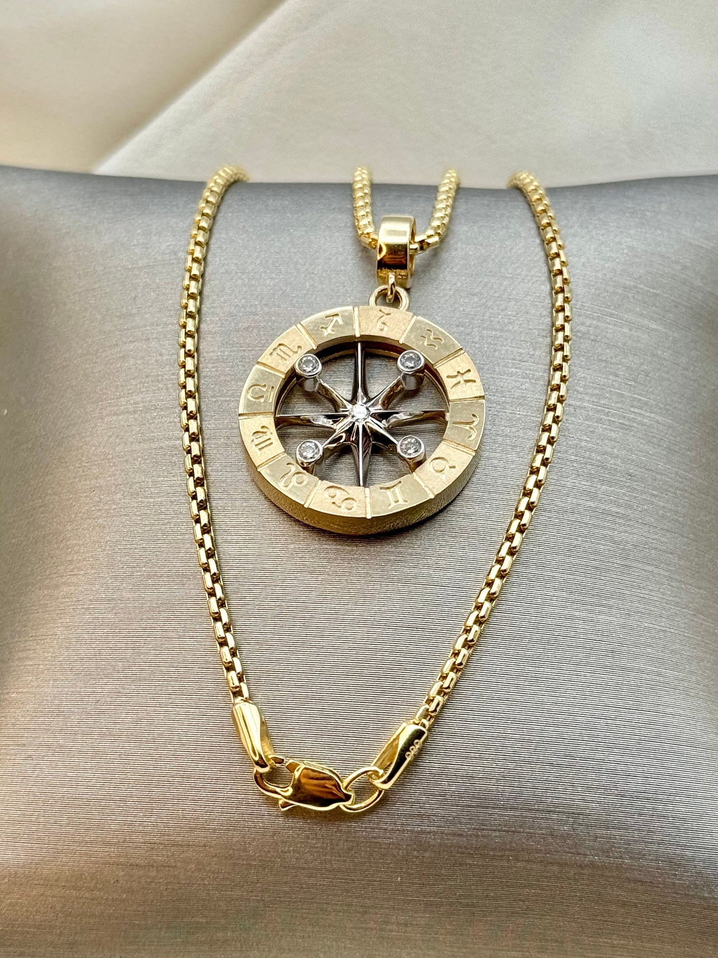 Handcrafted 14K Solid Gold Compass Necklace – Personalized Zodiac Birth Signs, Custom Gold Pendant, Unique Traveler Gift, Compass Charm Necklace for Him or Her