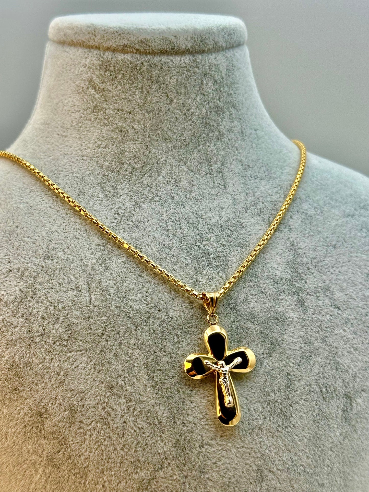18K Solid Gold Cross Necklace with 2mm Box Chain, 19.5" | Real Gold Cross Pendant for Him or Her | Birthday & Anniversary Gift Idea