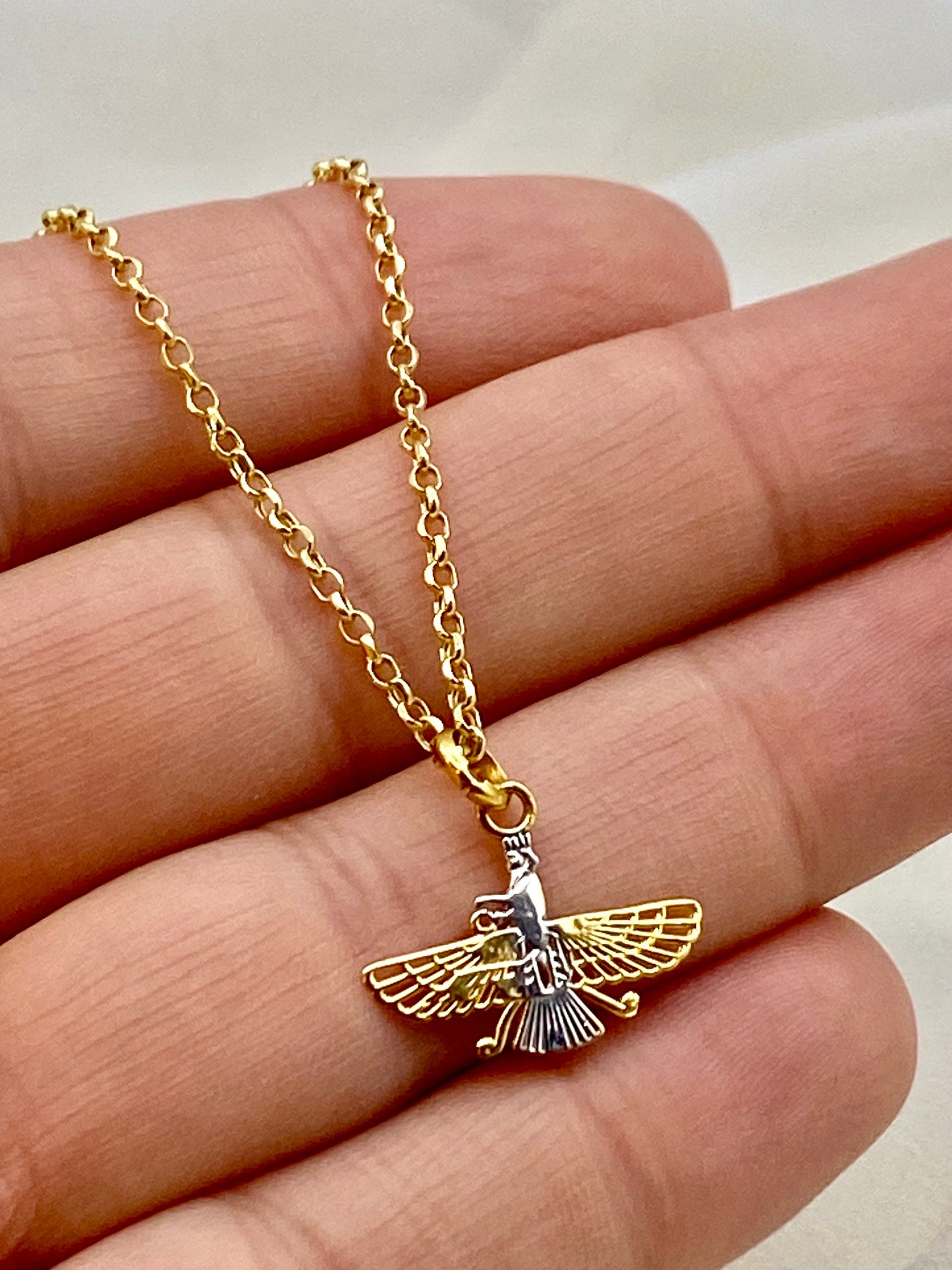 18k Solid Gold Farvahar Necklace – Zoroastrian Ahura Mazda Symbol Pendant with 19.5" Rolo Chain, 2mm | Persian Faravahar Necklace | Nowruz Gift | Birthday Gift