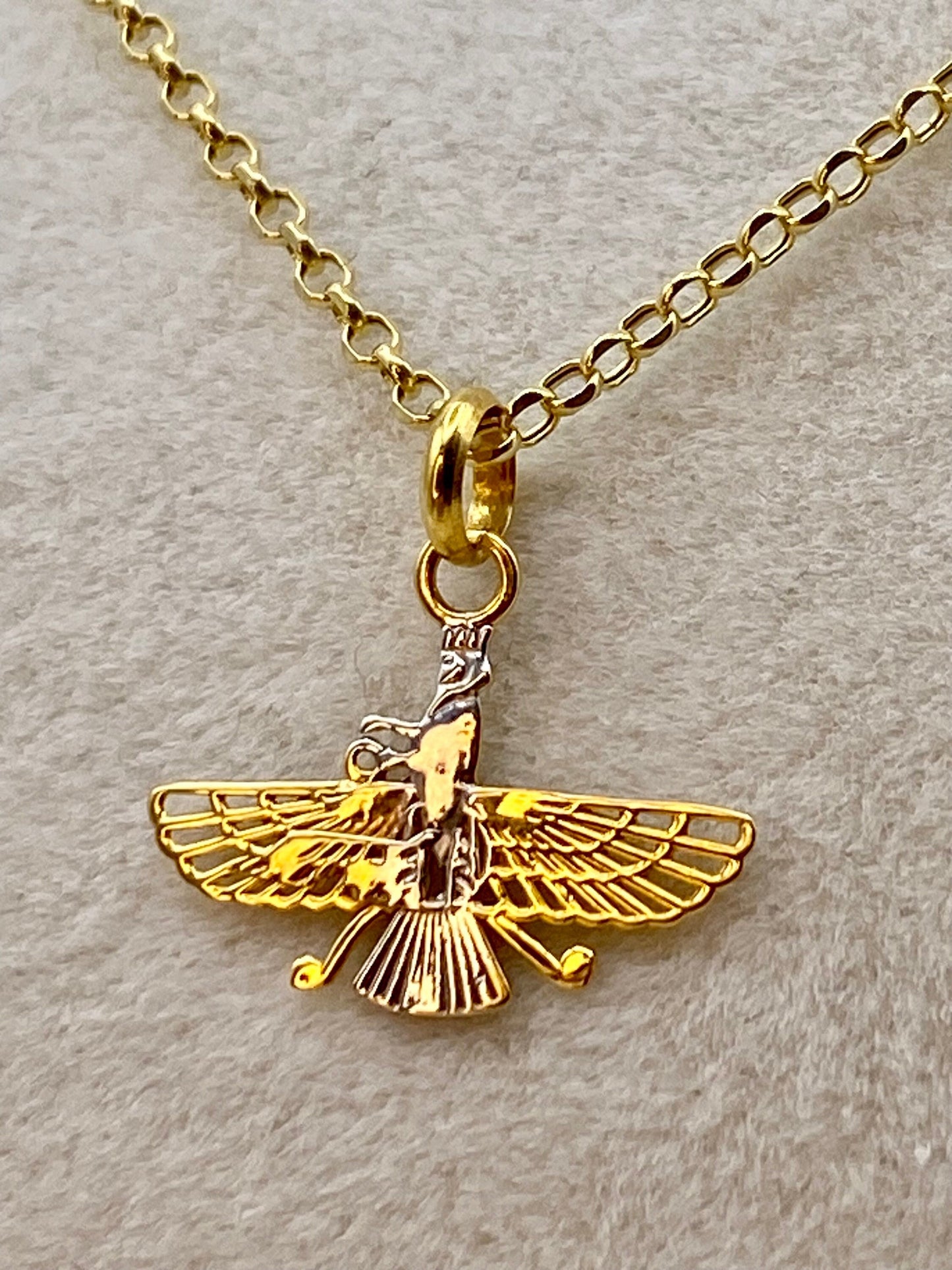 18k Solid Gold Farvahar Necklace – Zoroastrian Ahura Mazda Symbol Pendant with 19.5" Rolo Chain, 2mm | Persian Faravahar Necklace | Nowruz Gift | Birthday Gift