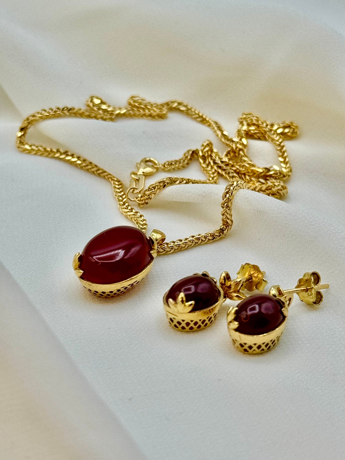 18k Real Gold Aqeeq Necklace and Dangle Fringe Earrings Set – Handmade Gold Jewelry, Gift for Her, Birthday Gift, 18k Gold Earrings, Elegant Islamic Jewelry