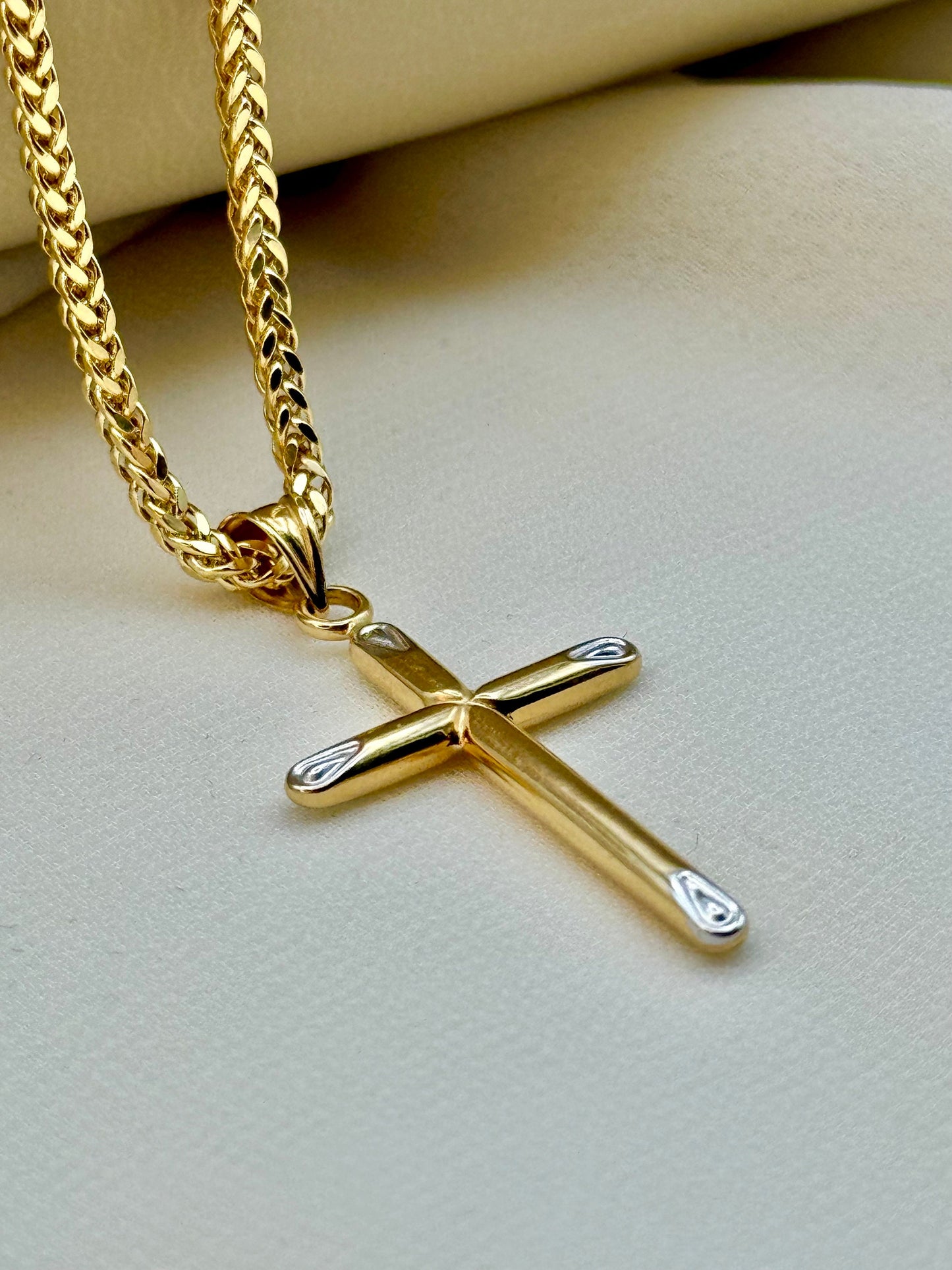 18k Real Gold Cross Necklace with Foxtail Chain – Solid Gold Cross Pendant for Him, Birthday Gift, Anniversary Gift, Men's Gold Necklace
