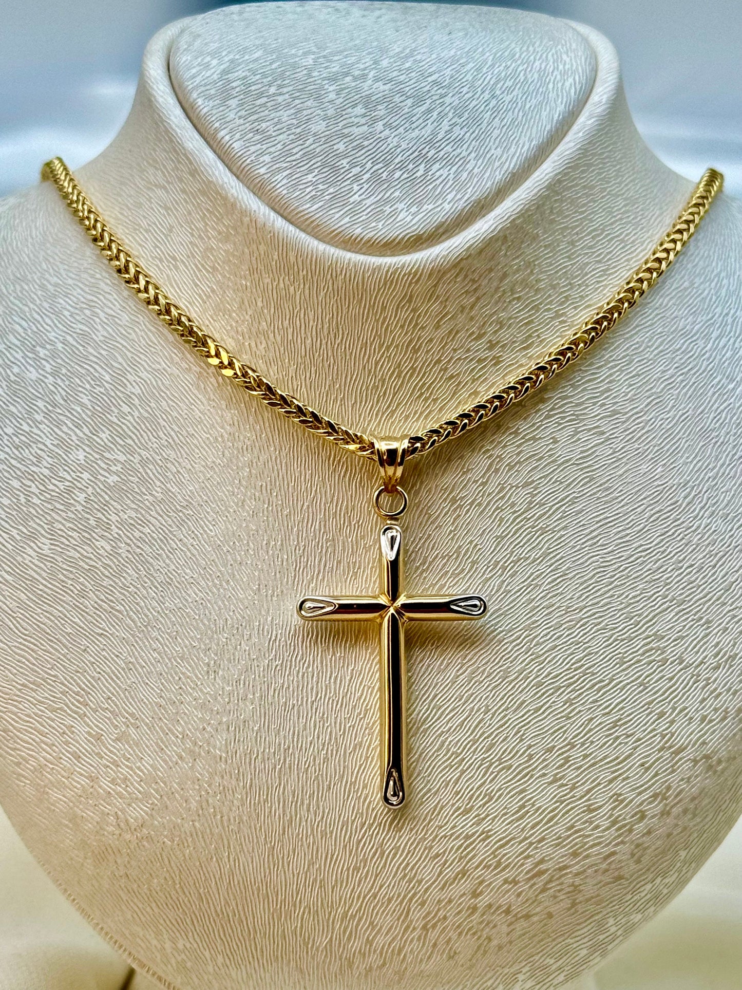18k Real Gold Cross Necklace with Foxtail Chain – Solid Gold Cross Pendant for Him, Birthday Gift, Anniversary Gift, Men's Gold Necklace
