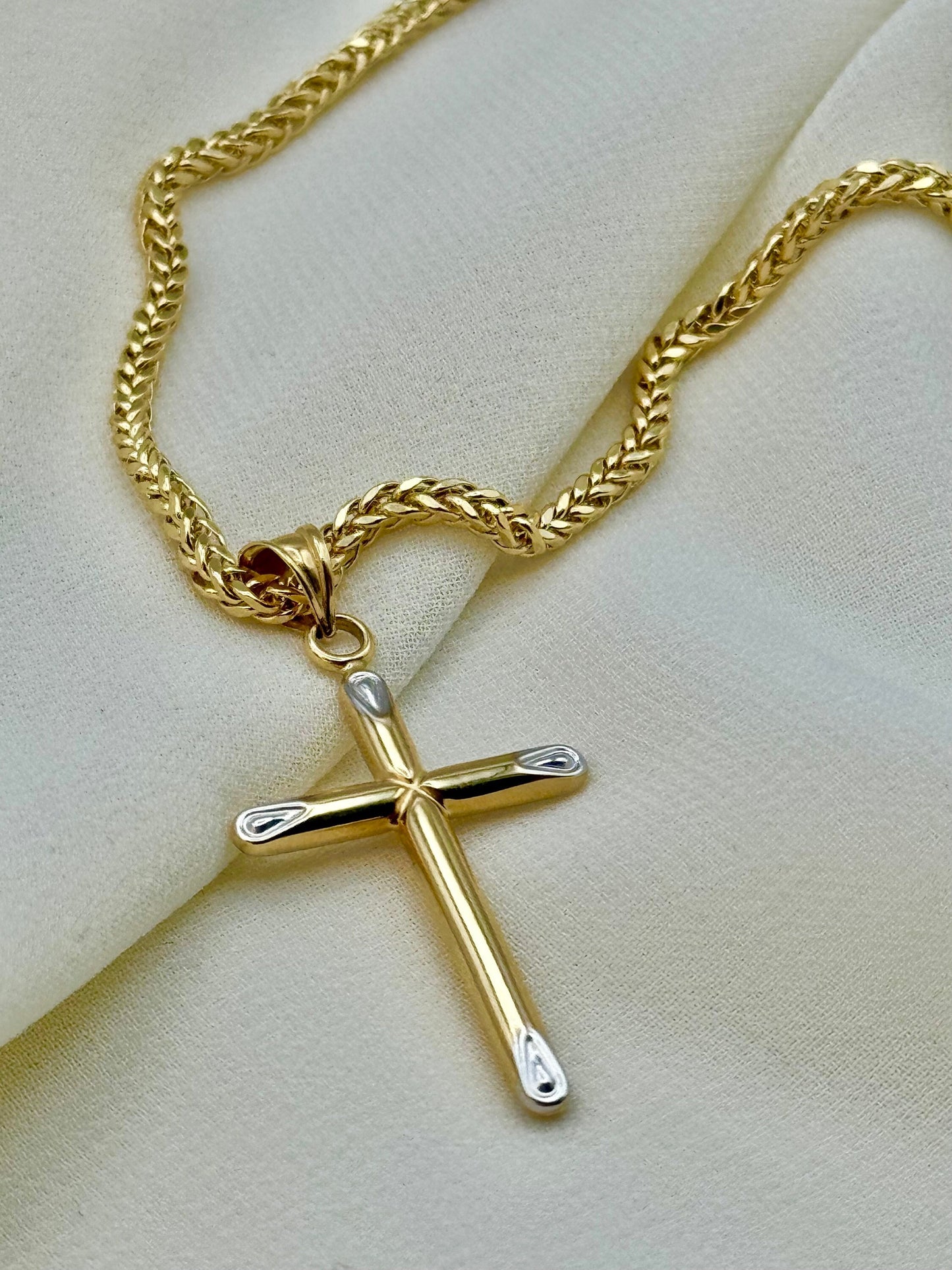 18k Real Gold Cross Necklace with Foxtail Chain – Solid Gold Cross Pendant for Him, Birthday Gift, Anniversary Gift, Men's Gold Necklace