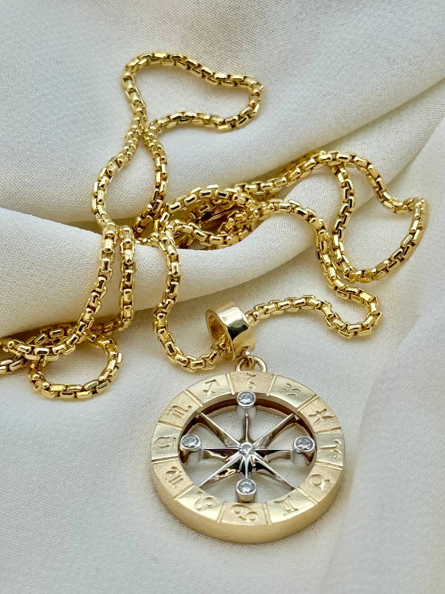 Handcrafted 14K Solid Gold Compass Necklace – Personalized Zodiac Birth Signs, Custom Gold Pendant, Unique Traveler Gift, Compass Charm Necklace for Him or Her