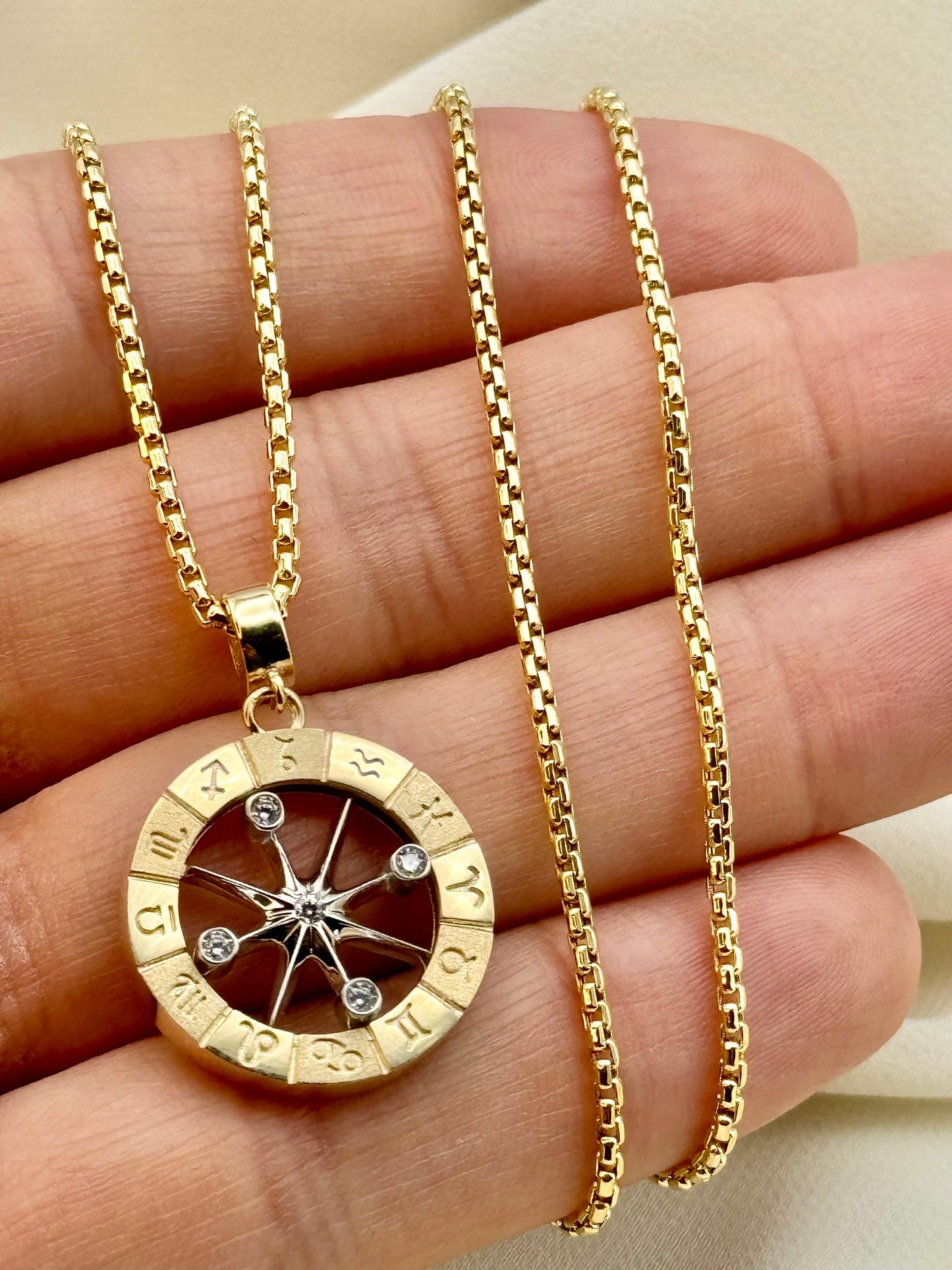 Handcrafted 14K Solid Gold Compass Necklace – Personalized Zodiac Birth Signs, Custom Gold Pendant, Unique Traveler Gift, Compass Charm Necklace for Him or Her