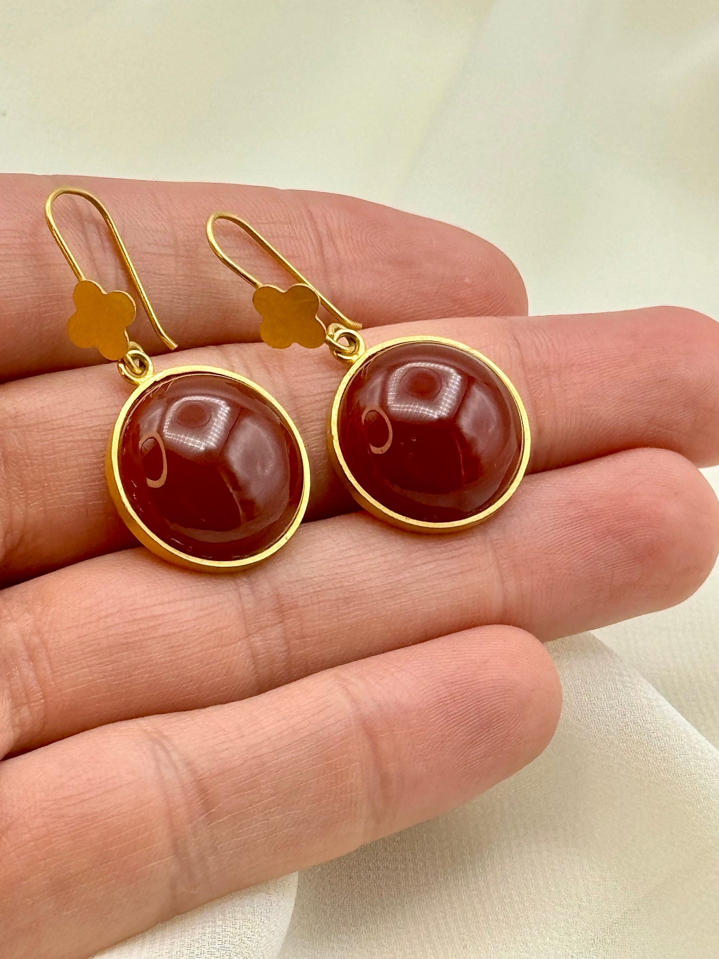 18K Real Gold Dangle Earrings with Aqeeq Stone | Handmade Fringe Earrings | Elegant 18K Gold Gift for Her | Birthday & Special Occasion Jewelry
