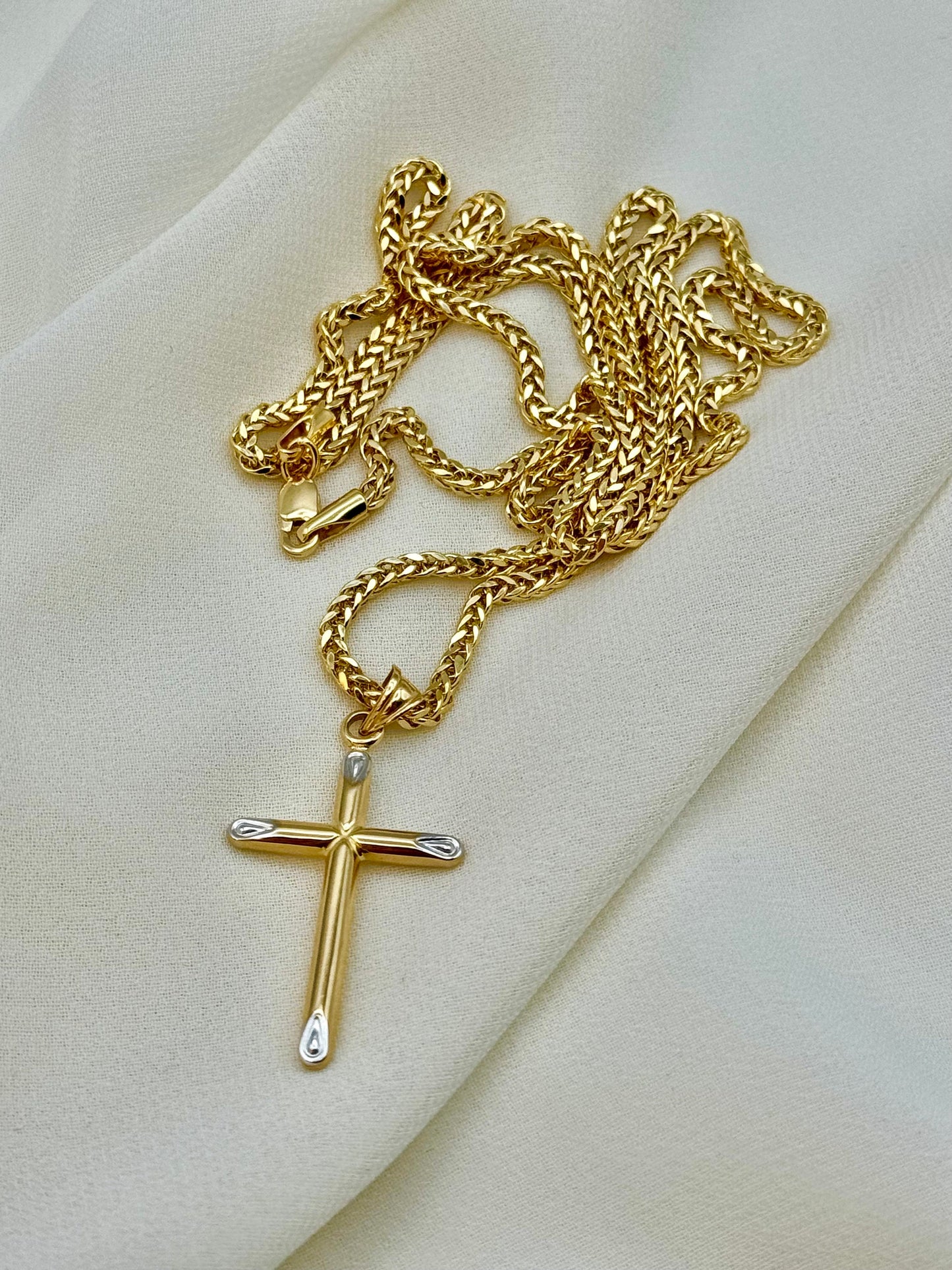 18k Real Gold Cross Necklace with Foxtail Chain – Solid Gold Cross Pendant for Him, Birthday Gift, Anniversary Gift, Men's Gold Necklace