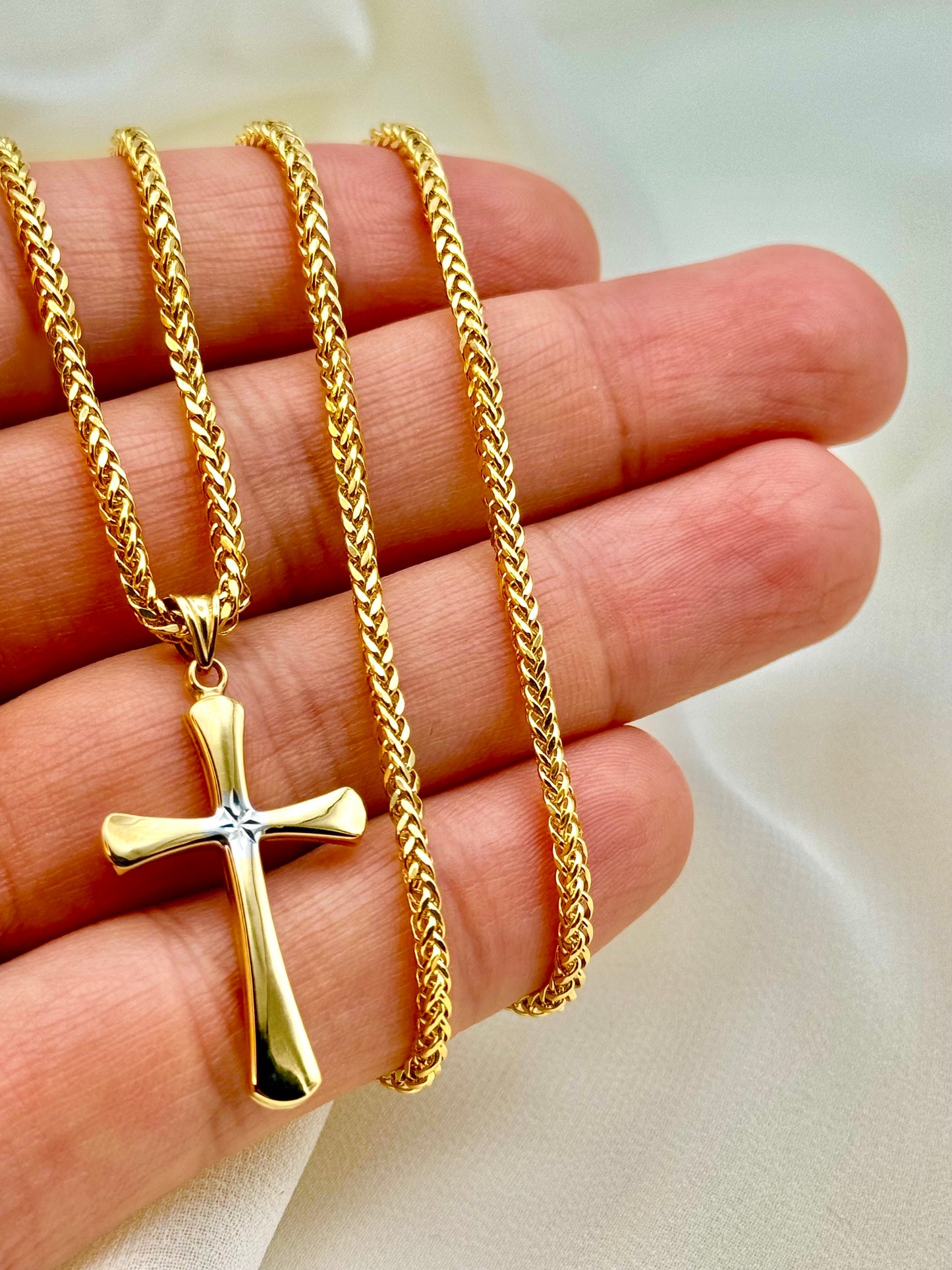 18K Gold Cross Necklace with Franco Chain – Solid Gold Pendant for Him & Her | Unisex Religious Jewelry | Birthday & Anniversary Gift