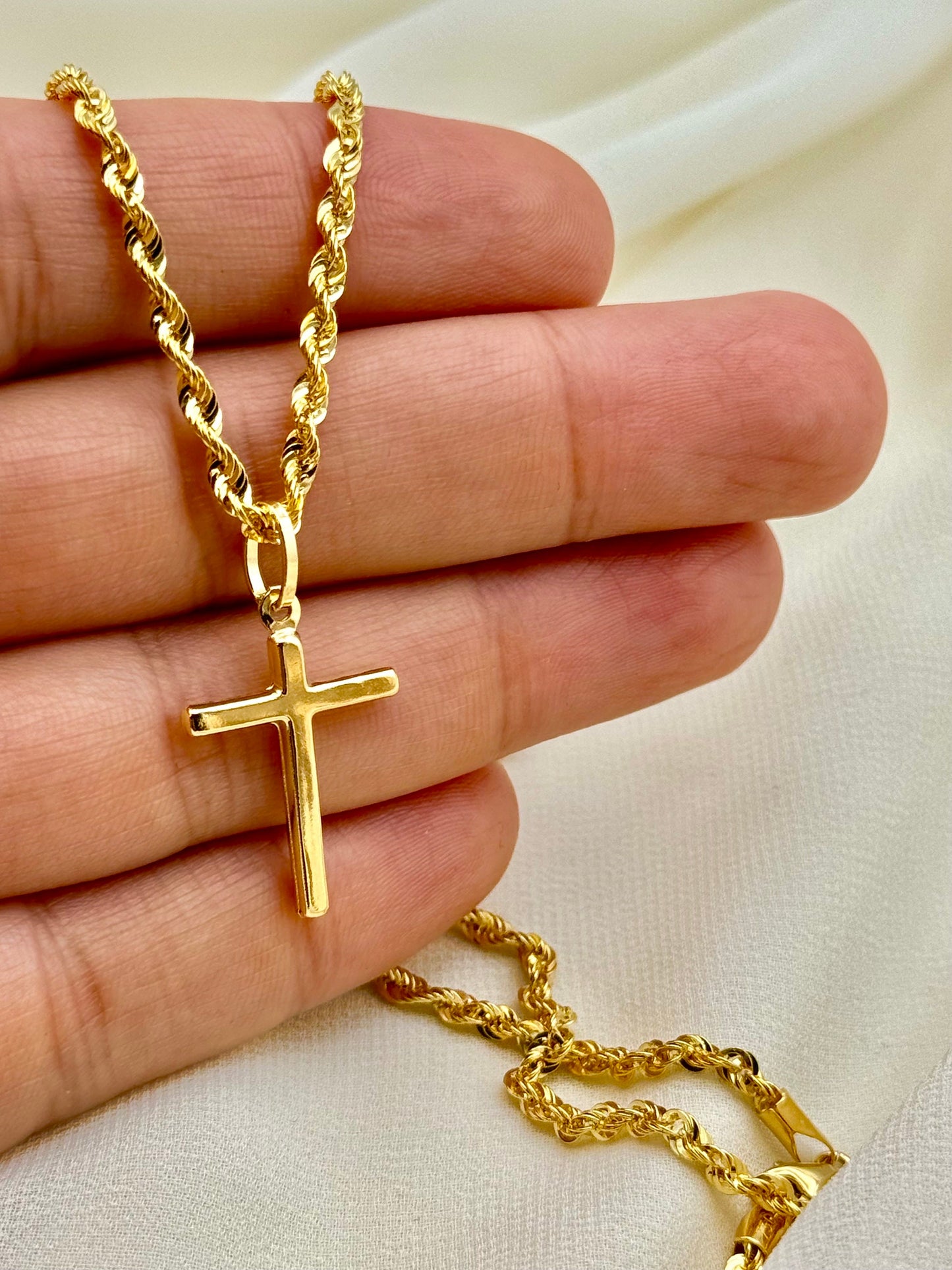 18k Real Gold Cross Necklace – 21.5" & 20" with 3mm Rope Chain | Unisex Gold Pendant for Him & Her | Anniversary & Birthday Gift