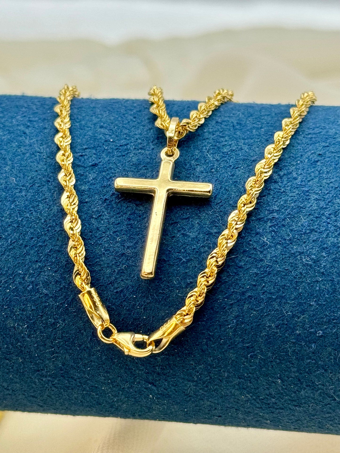 18k Real Gold Cross Necklace – 21.5" & 20" with 3mm Rope Chain | Unisex Gold Pendant for Him & Her | Anniversary & Birthday Gift