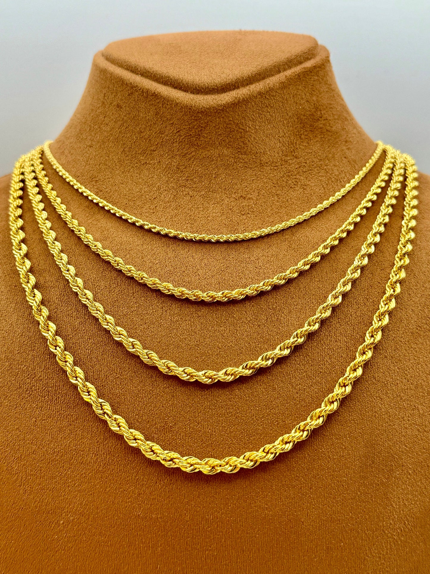 14k Solid Gold Rope Chain Necklace – Diamond Cut, 2.5mm to 4.5mm Thickness, Genuine Gold, Timeless Rope Design