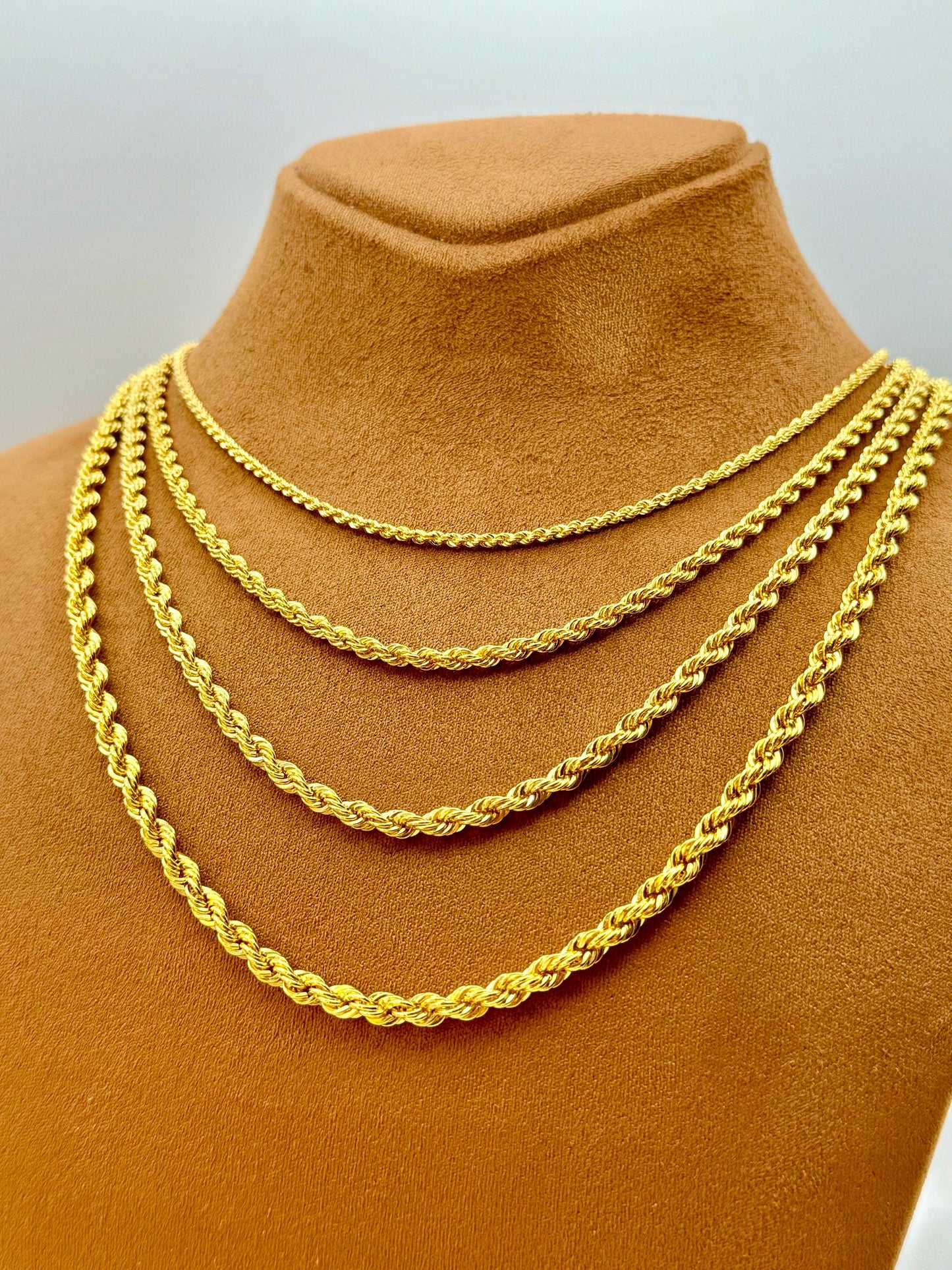 14k Solid Gold Rope Chain Necklace – Diamond Cut, 2.5mm to 4.5mm Thickness, Genuine Gold, Timeless Rope Design