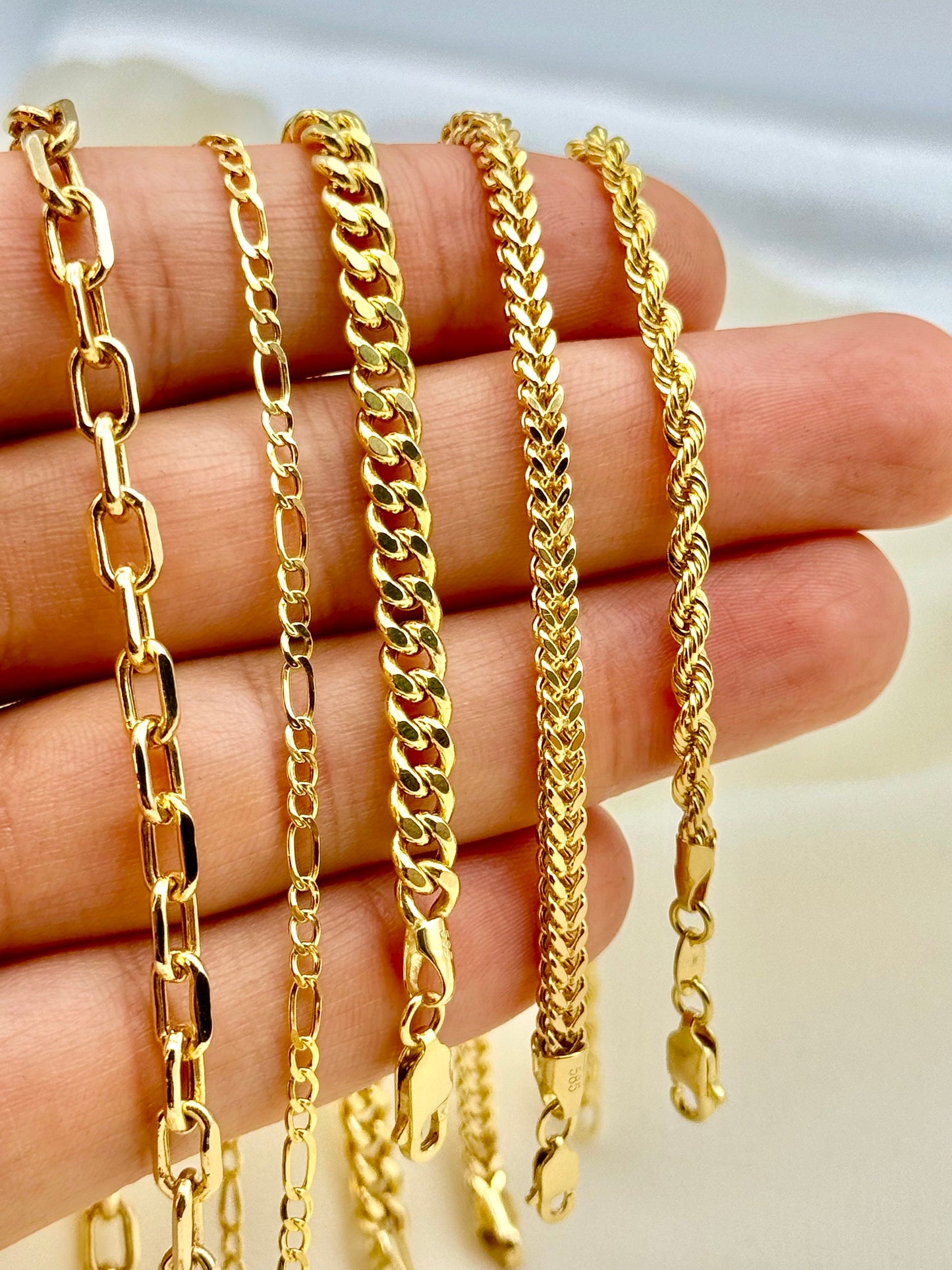 18K & 14K Real Gold Bracelets - Rope, Figaro, Franco, Curb Designs for Him & Her.