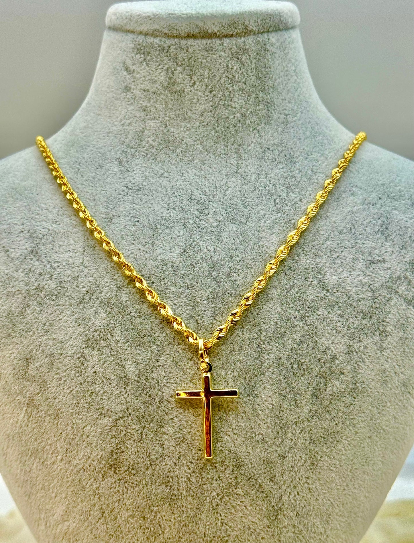 18k Real Gold Cross Necklace – 21.5" & 20" with 3mm Rope Chain | Unisex Gold Pendant for Him & Her | Anniversary & Birthday Gift